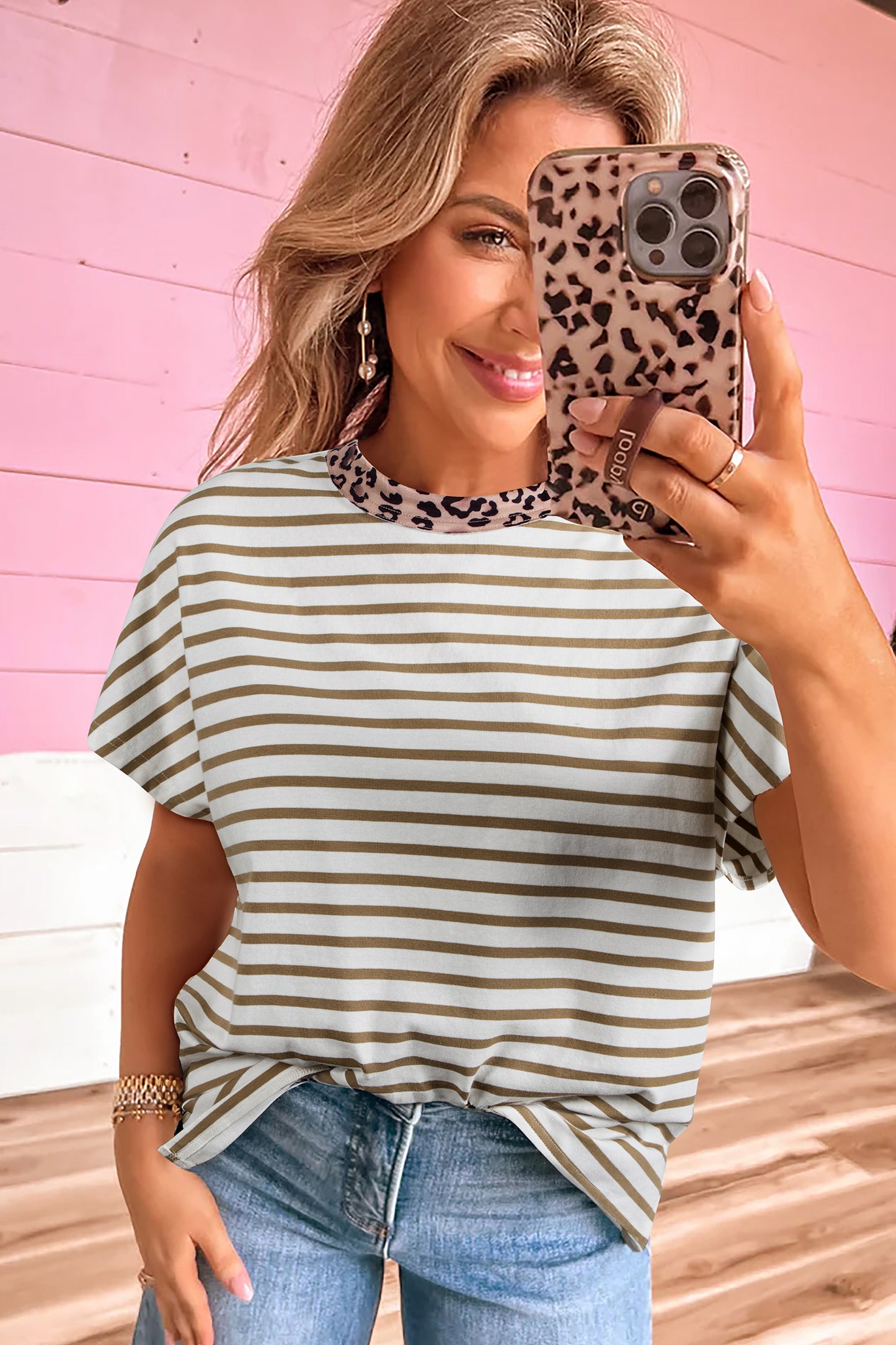 Stripe Leopard Patchwork Round Neck Loose T Shirt