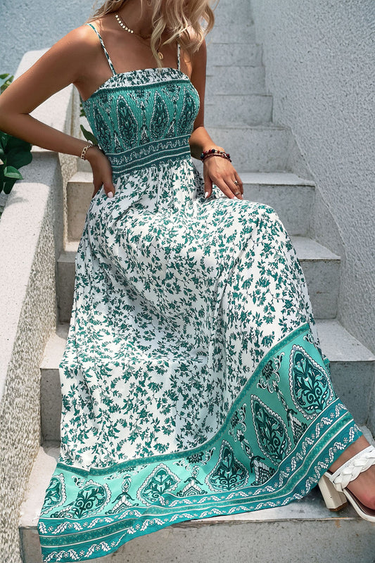 Green Boho Floral Print Maxi Dress
