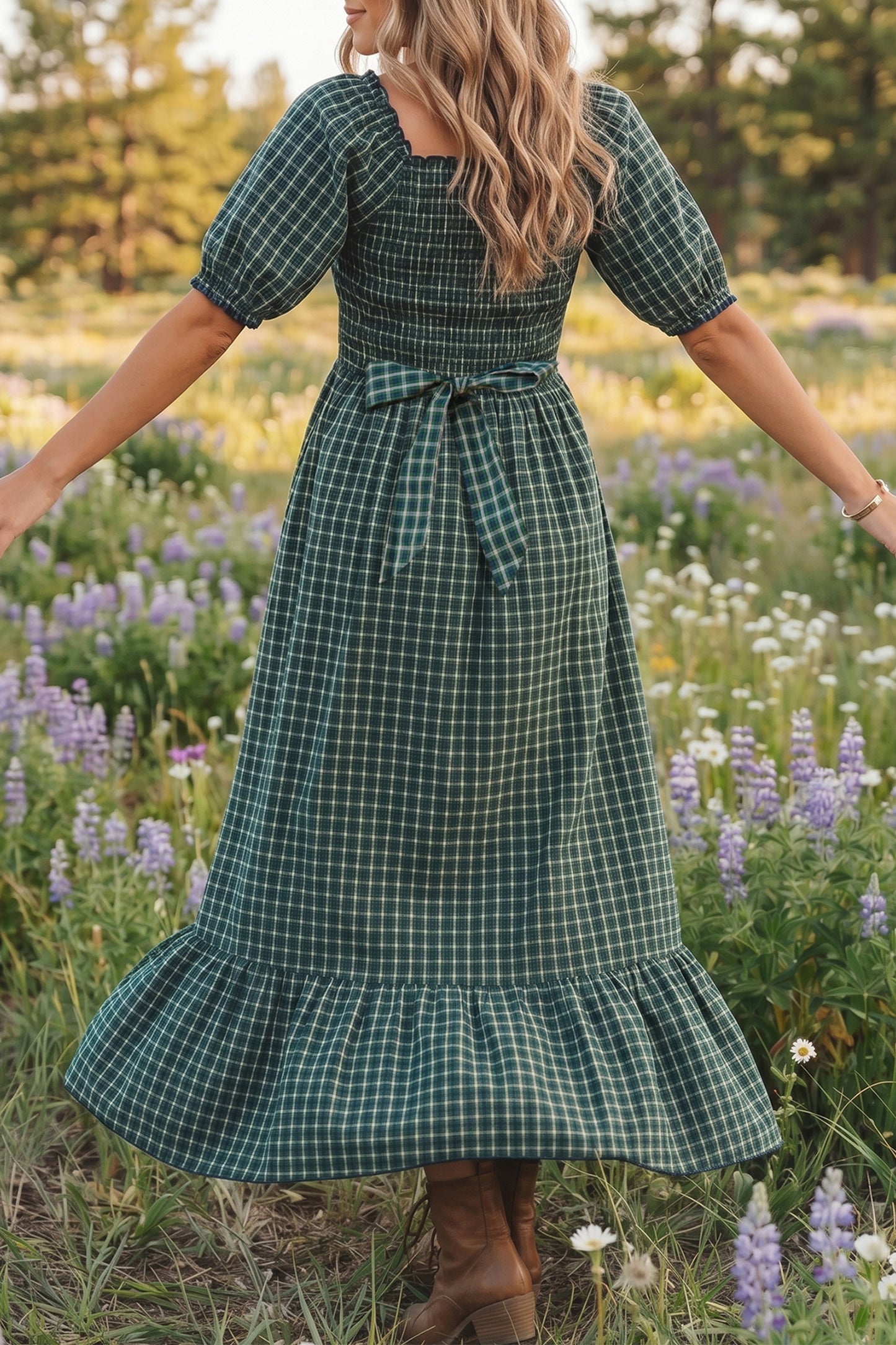 Green Plaid Square Neck Dress