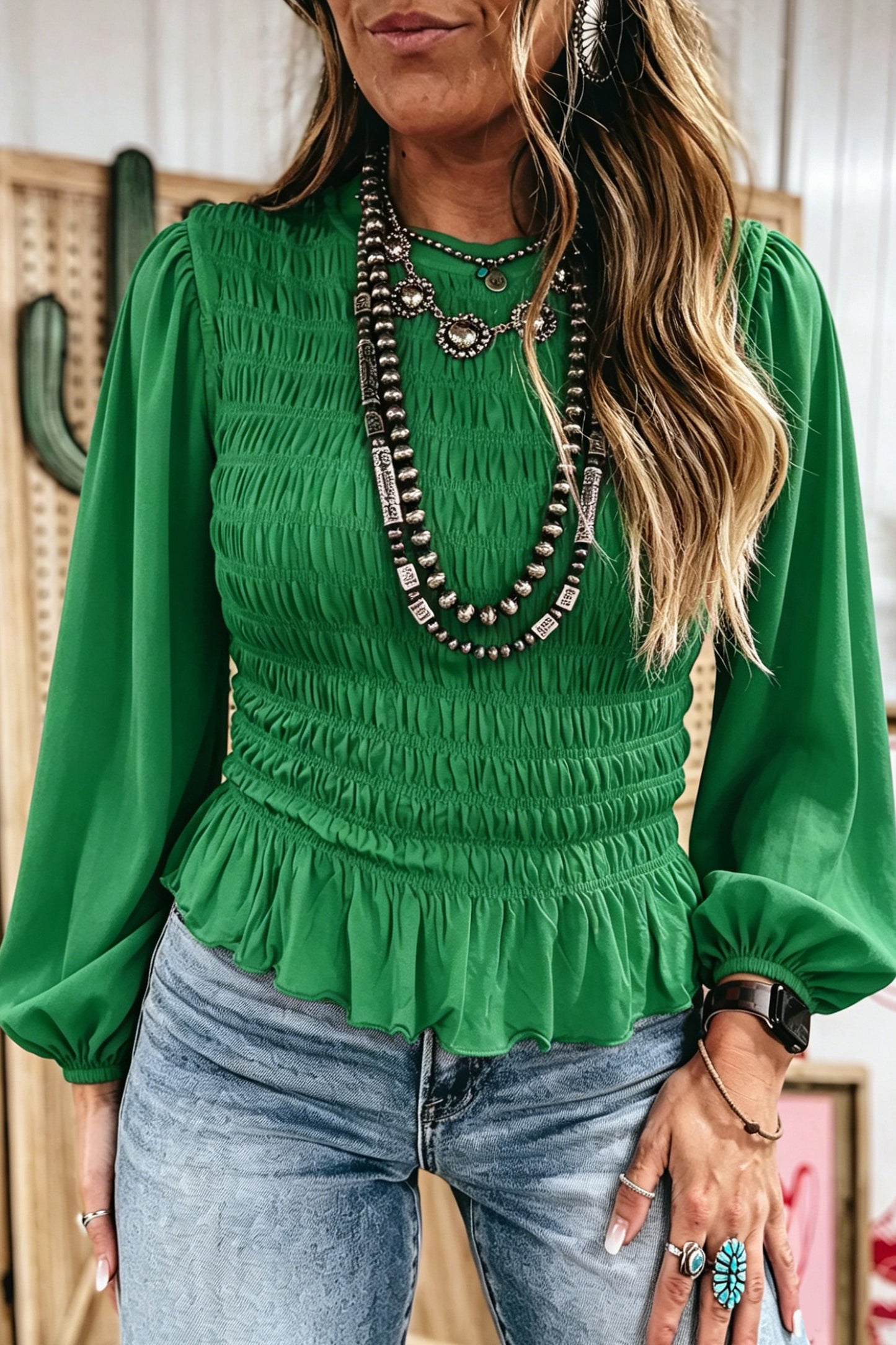 Smocked Ruffle Hem Long Sleeve Blouse