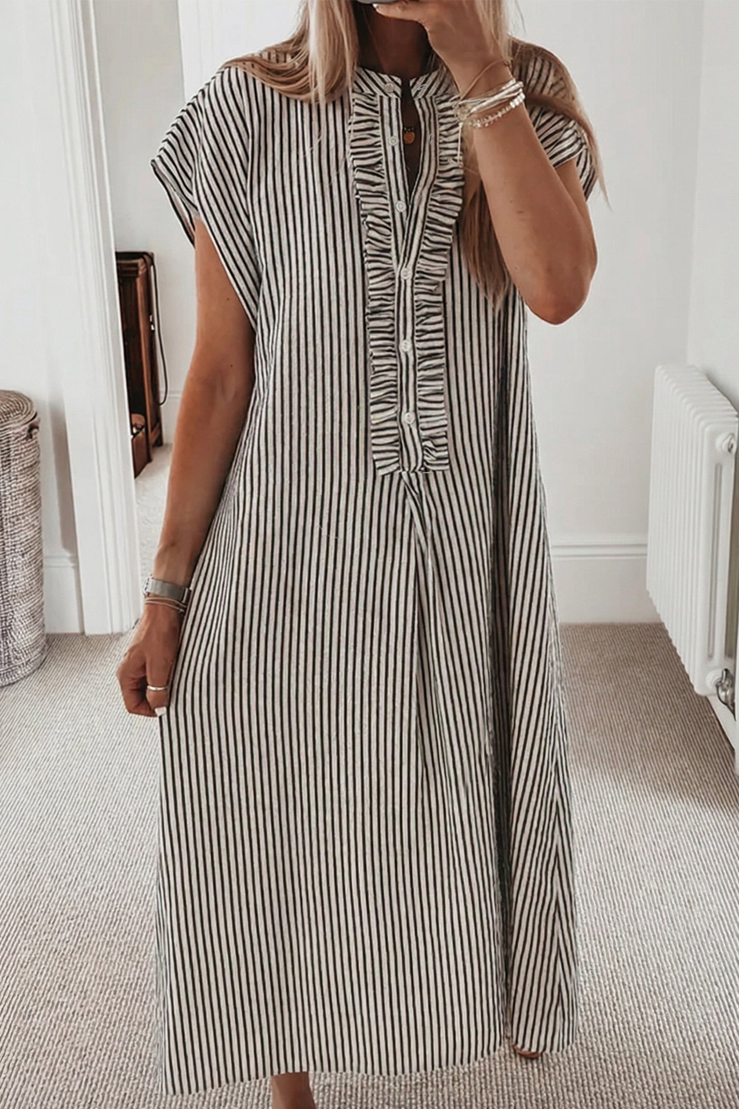 Stripe Frilled Short Sleeve Maxi Dress