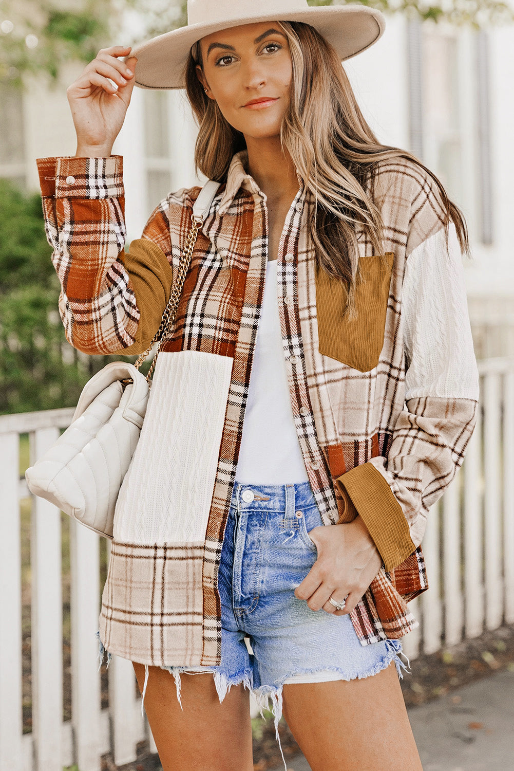 Orange Plaid Color Block Patchwork Shirt