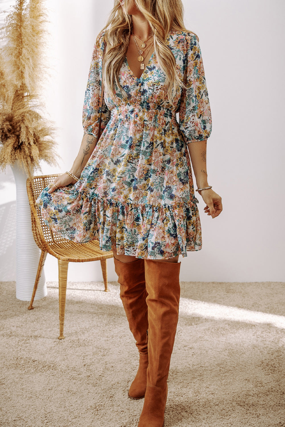 Floral V Neck High Waist Ruffled Dress