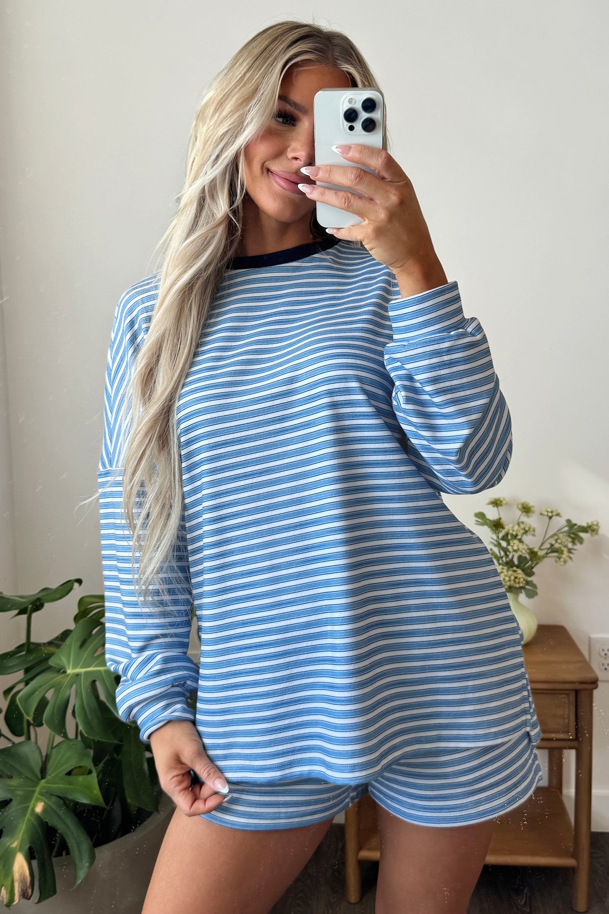 Stripe Long Sleeve Oversized Top & Shorts Set