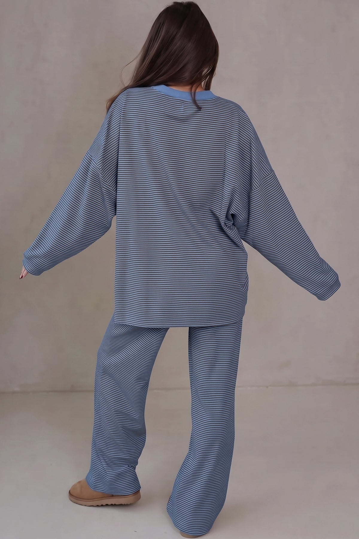 Contrast Oversize Long Sleeve Top 2pcs Pant Set