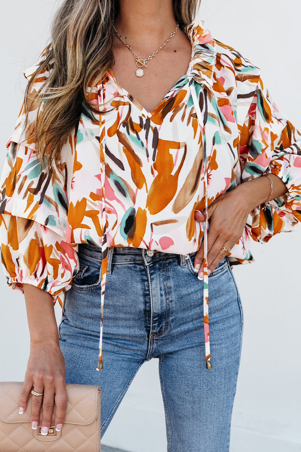 Abstract Print Drawstring Frilled V Neck 3/4 Sleeve Blouse