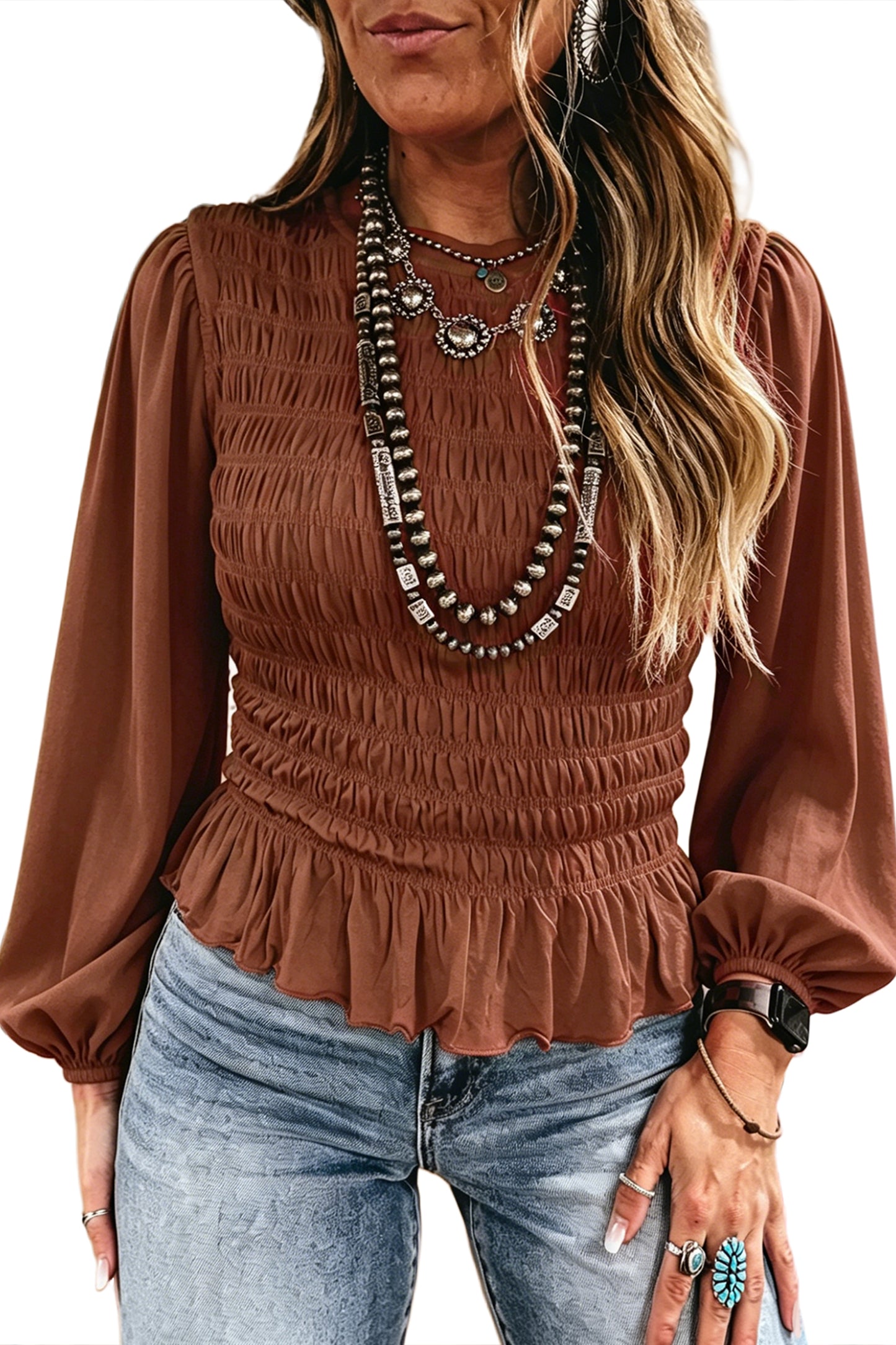 Smocked Ruffle Hem Long Sleeve Blouse