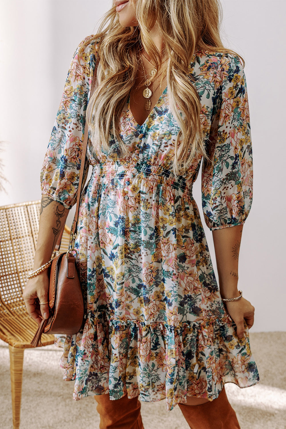 Floral V Neck High Waist Ruffled Dress
