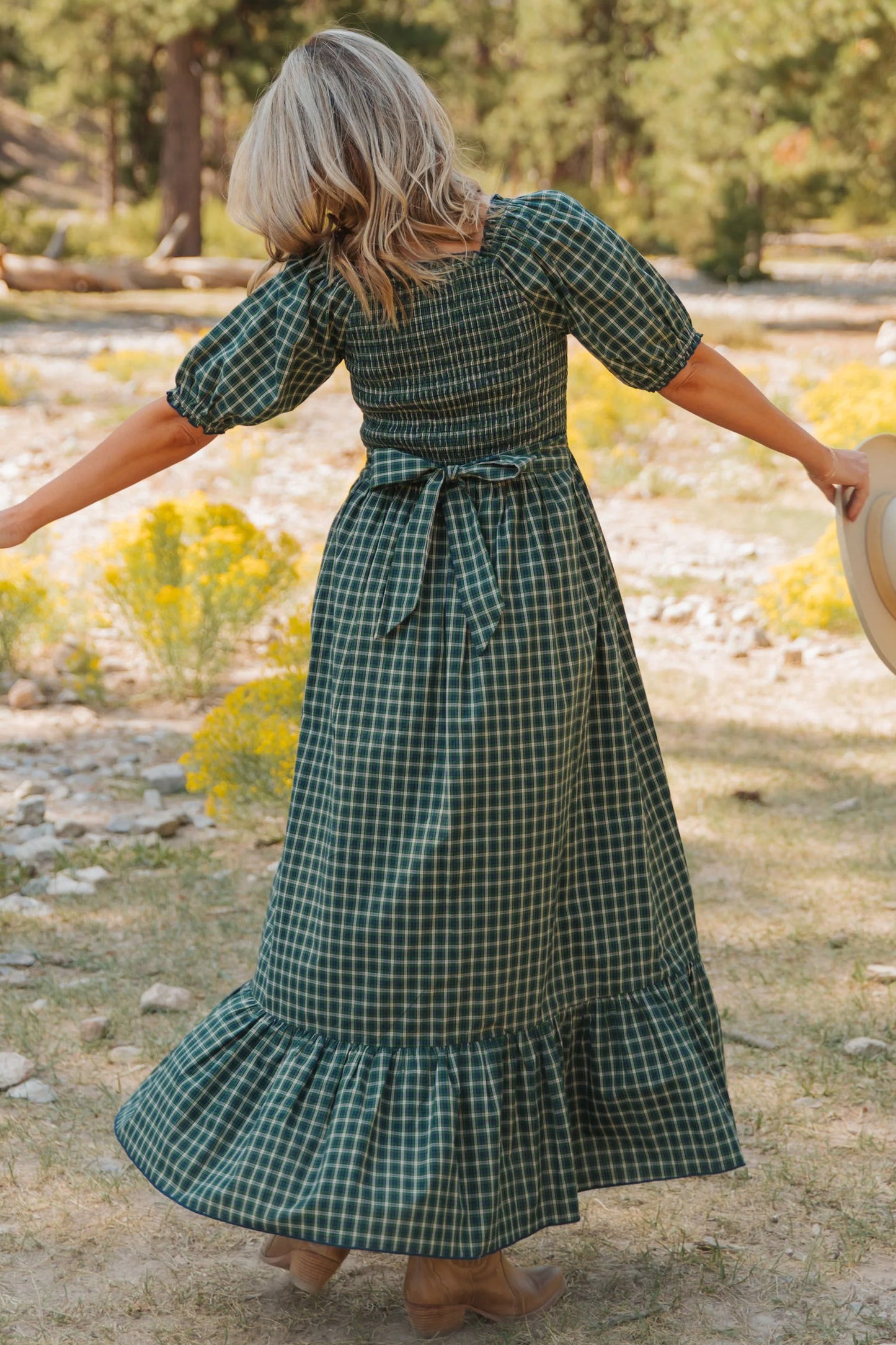 Green Plaid Square Neck Dress