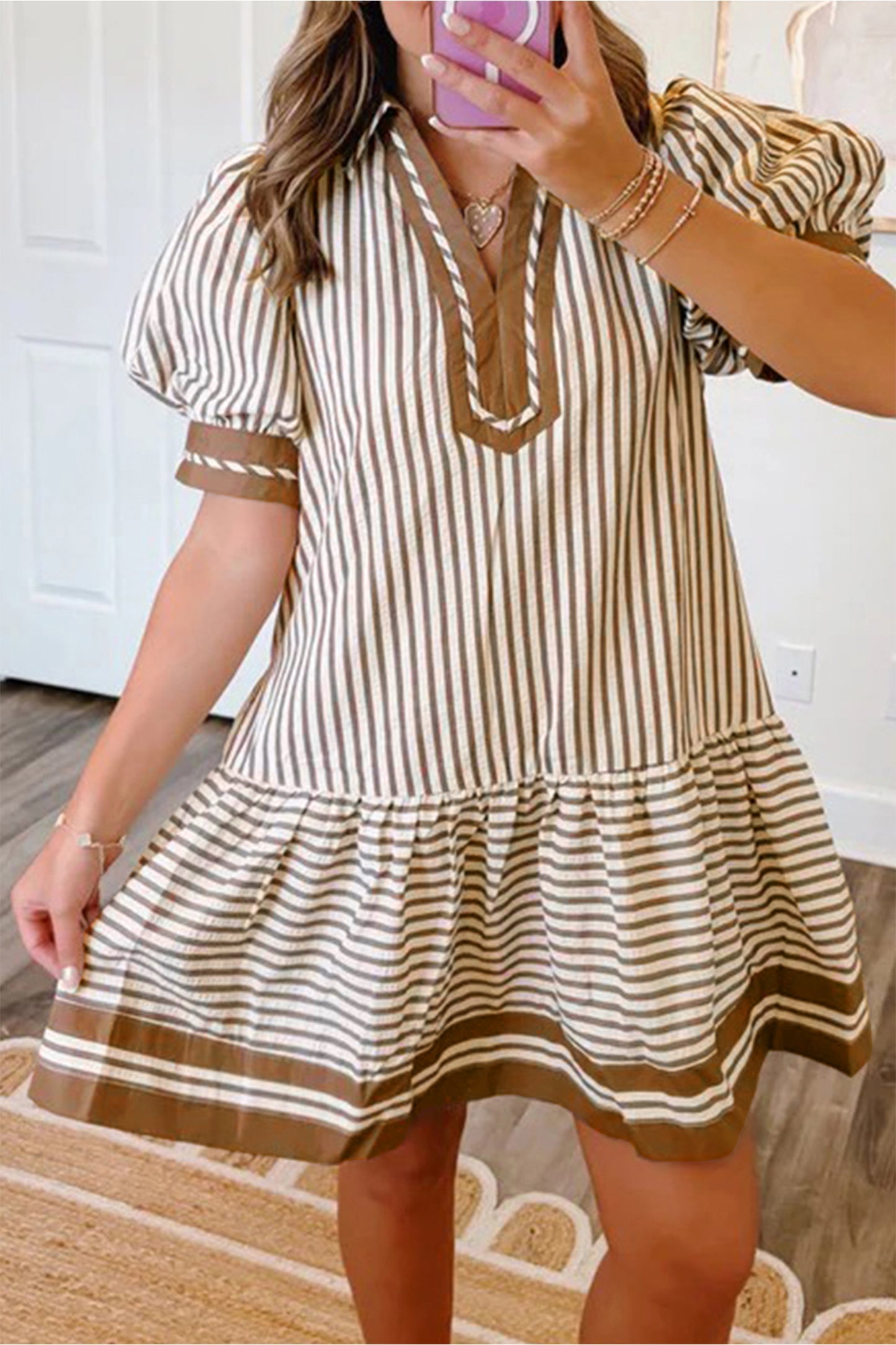Brown Stripe Shirt Collar Short Dress