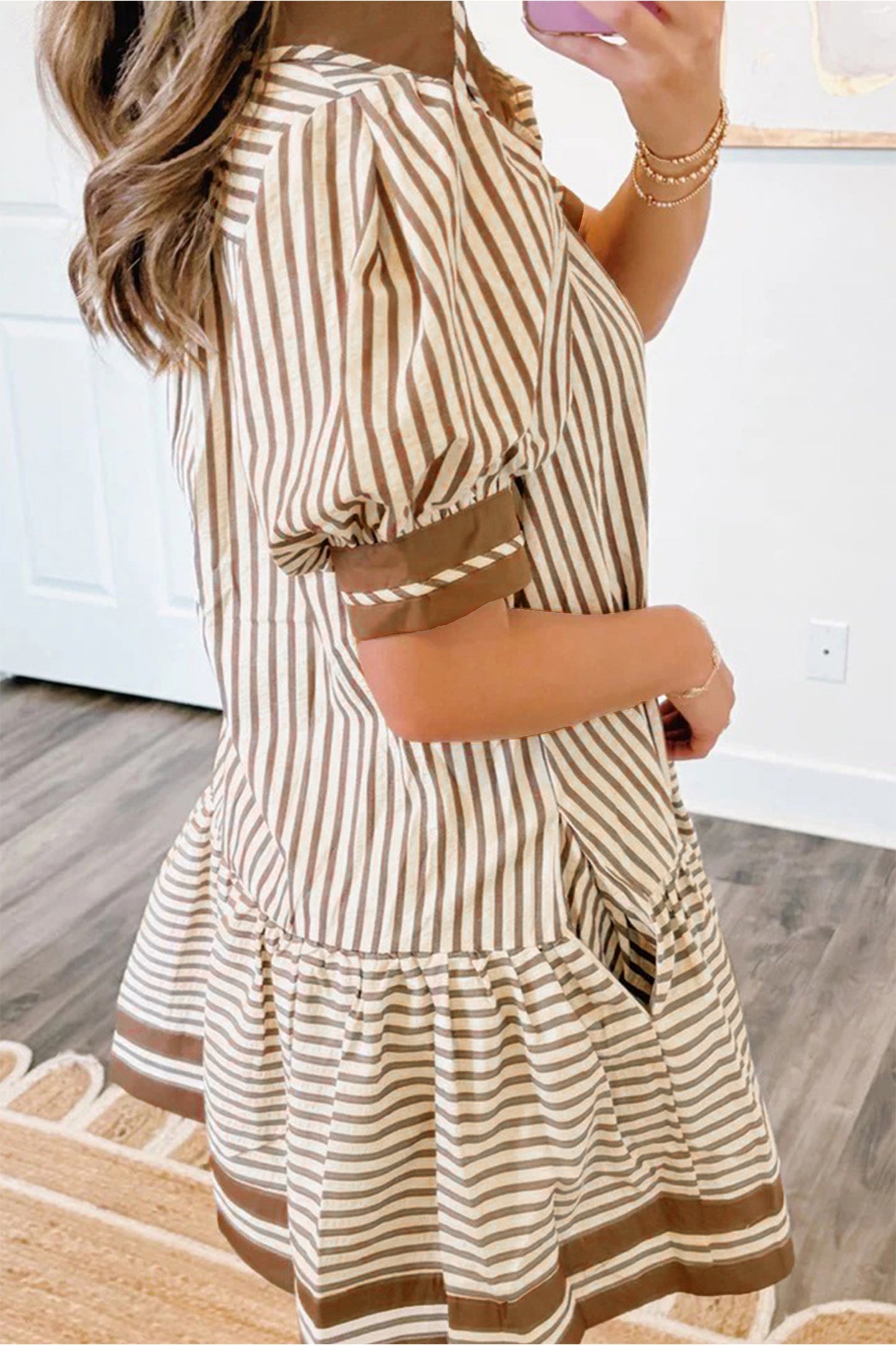 Brown Stripe Shirt Collar Short Dress