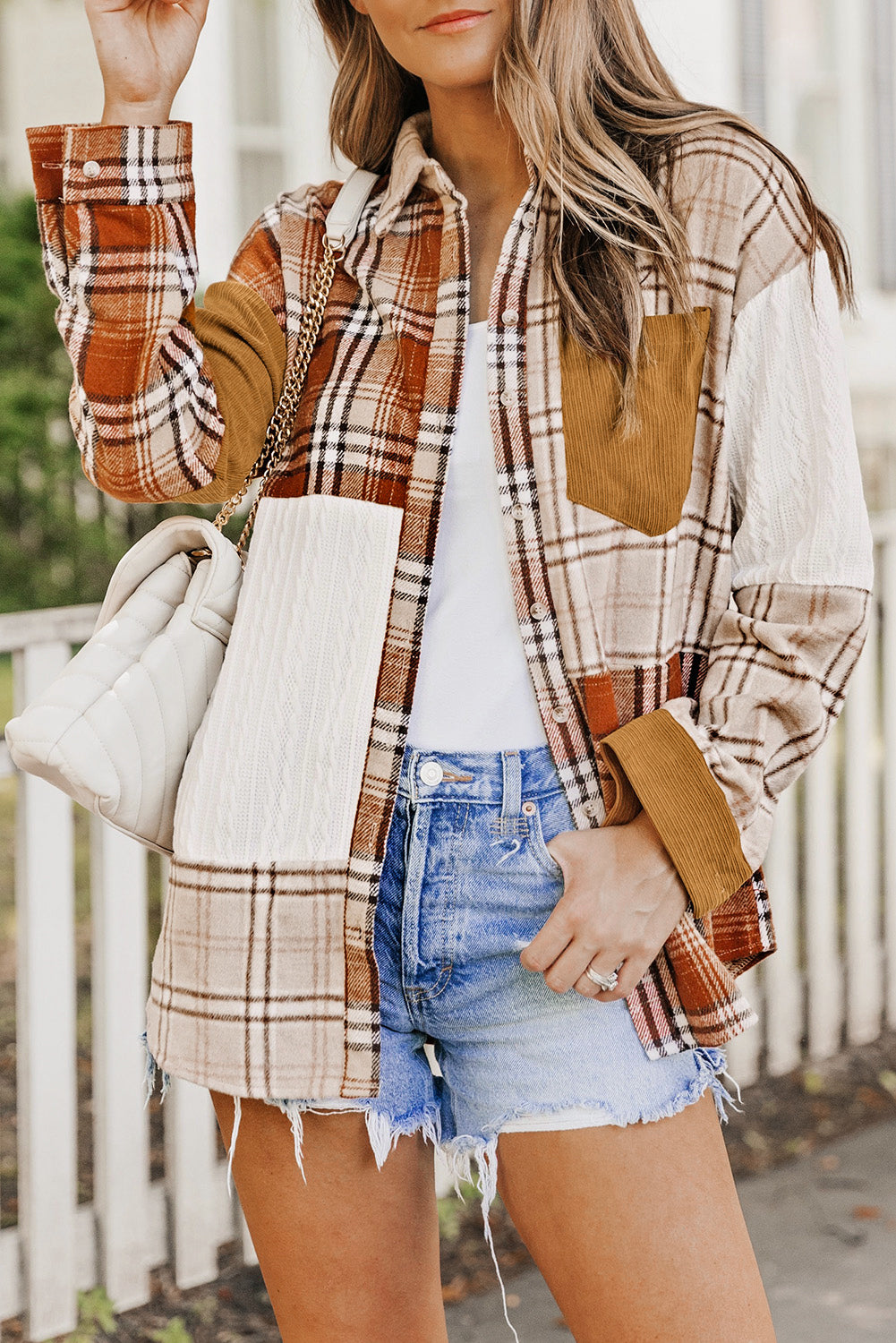 Orange Plaid Color Block Patchwork Shirt