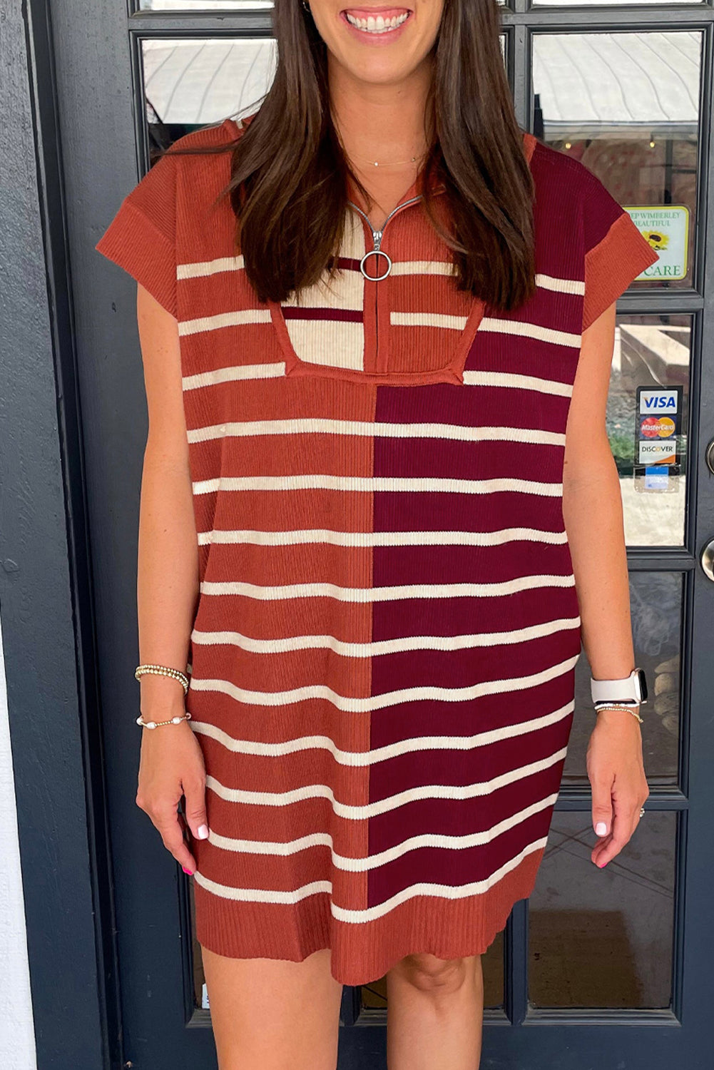 Color Block Quarter Zip Collar Short Sleeve Sweater Dress