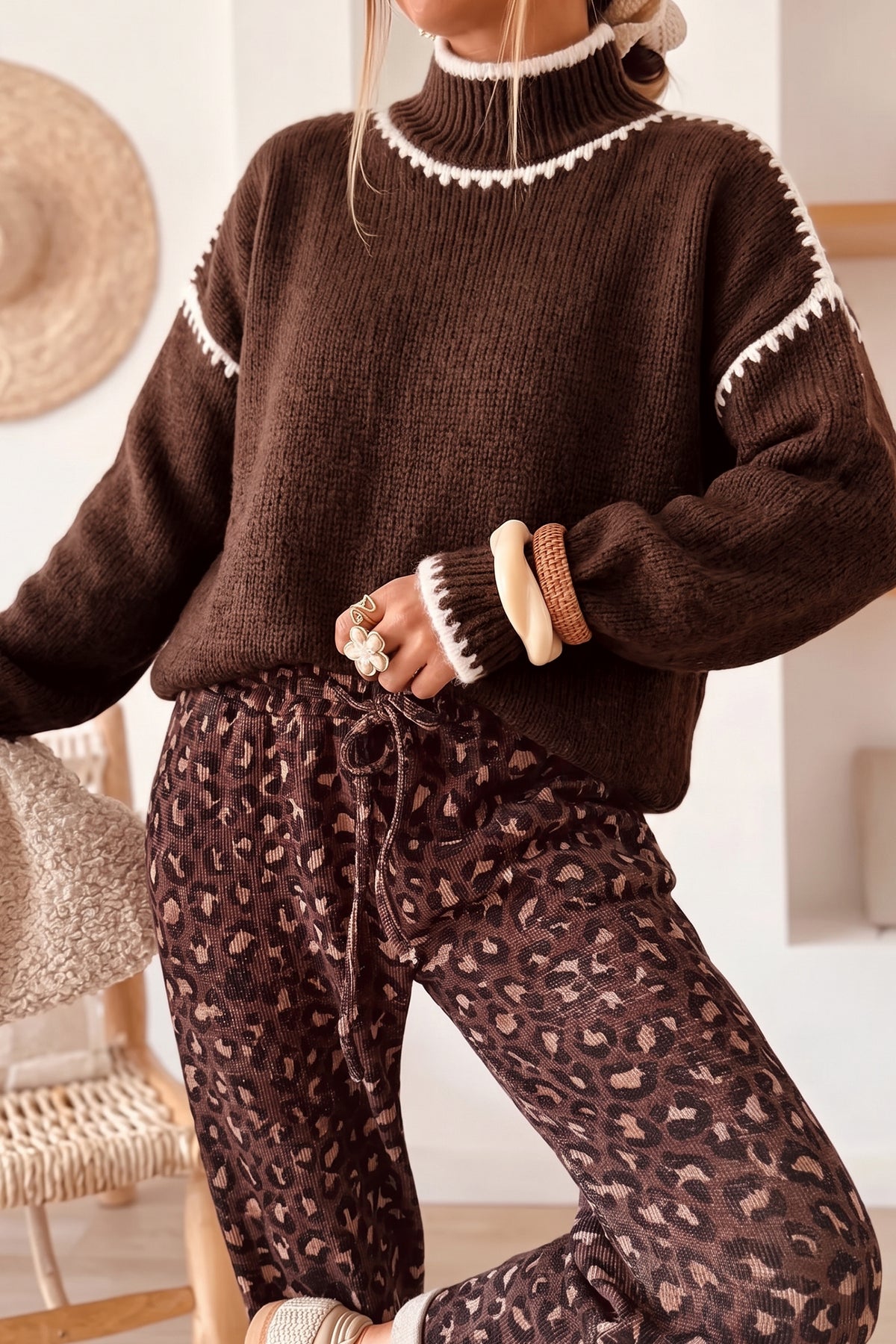 Contrast Trim Mock Neck Sweater