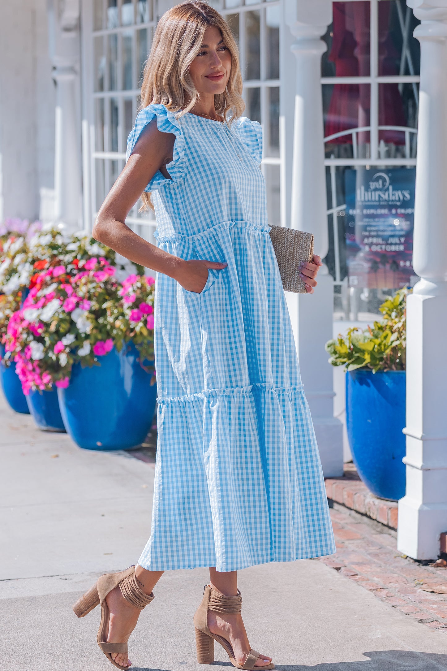 Sky Blue Short Sleeve Gingham Maxi Dress