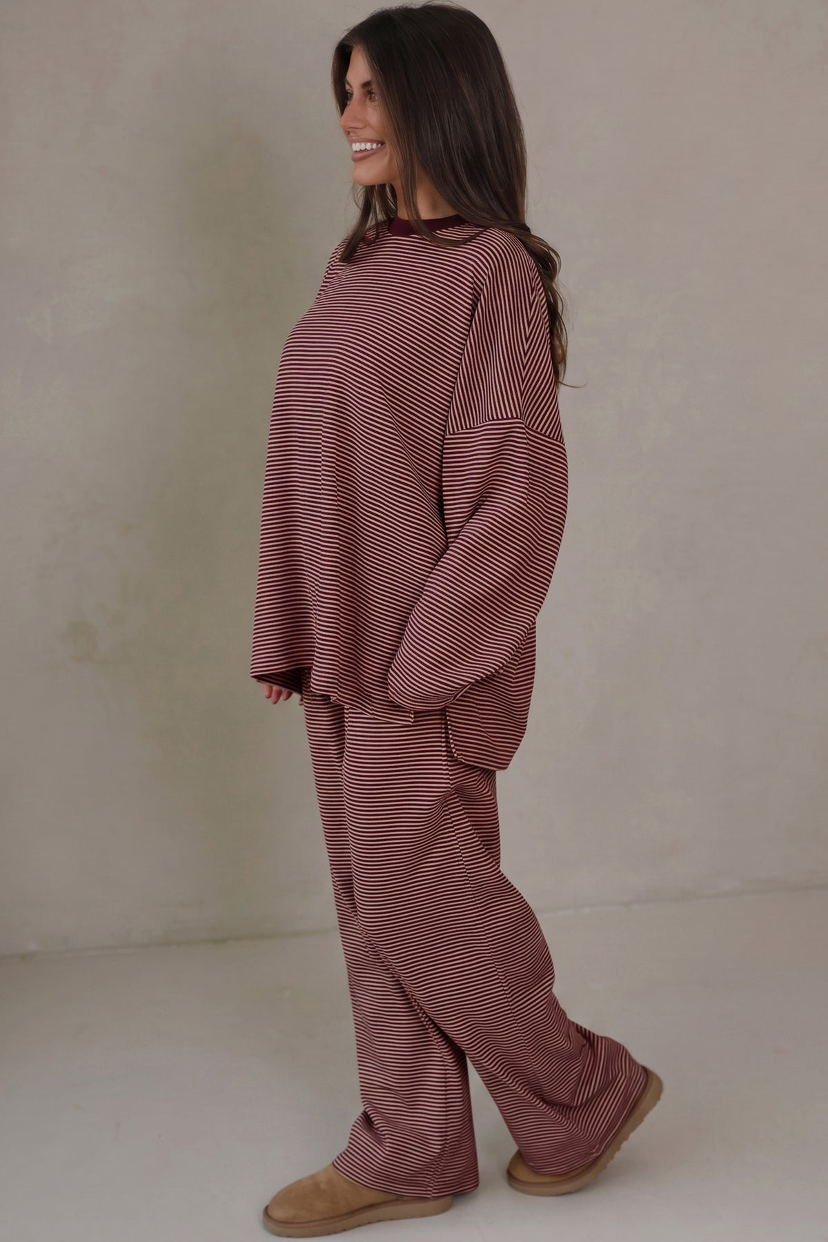 Contrast Oversize Long Sleeve Top 2pcs Pant Set