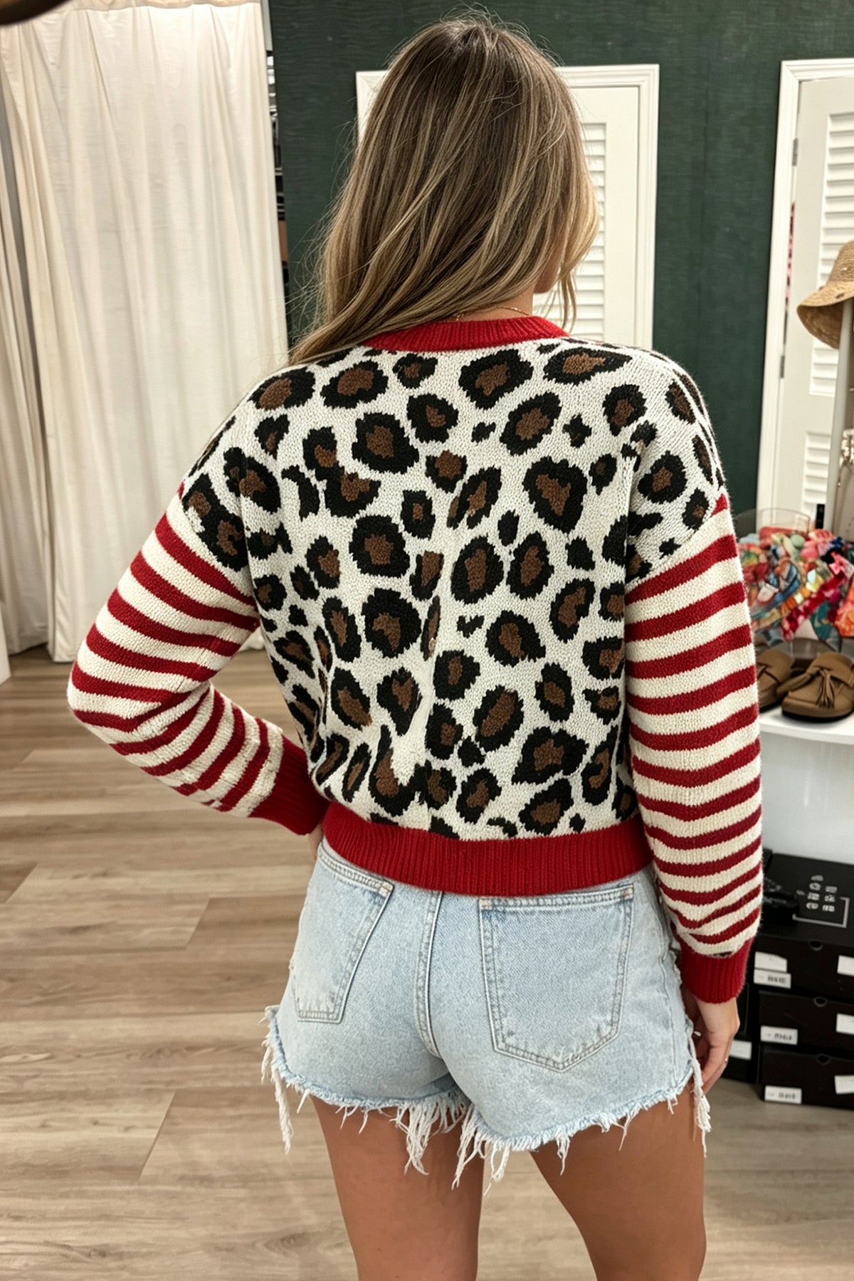 White Leopard Print with Striped Sleeves Cardigan