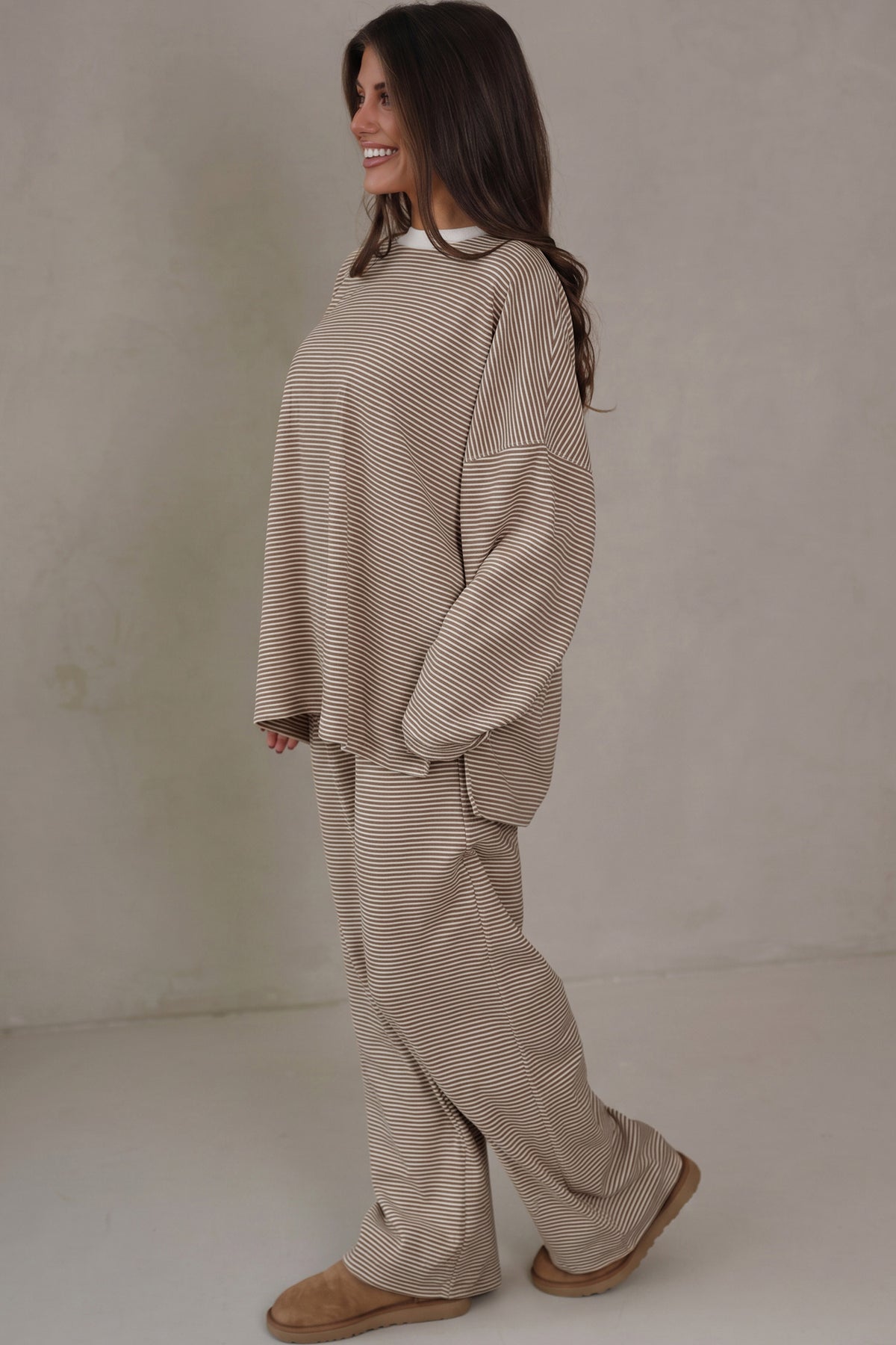 Contrast Oversize Long Sleeve Top 2pcs Pant Set