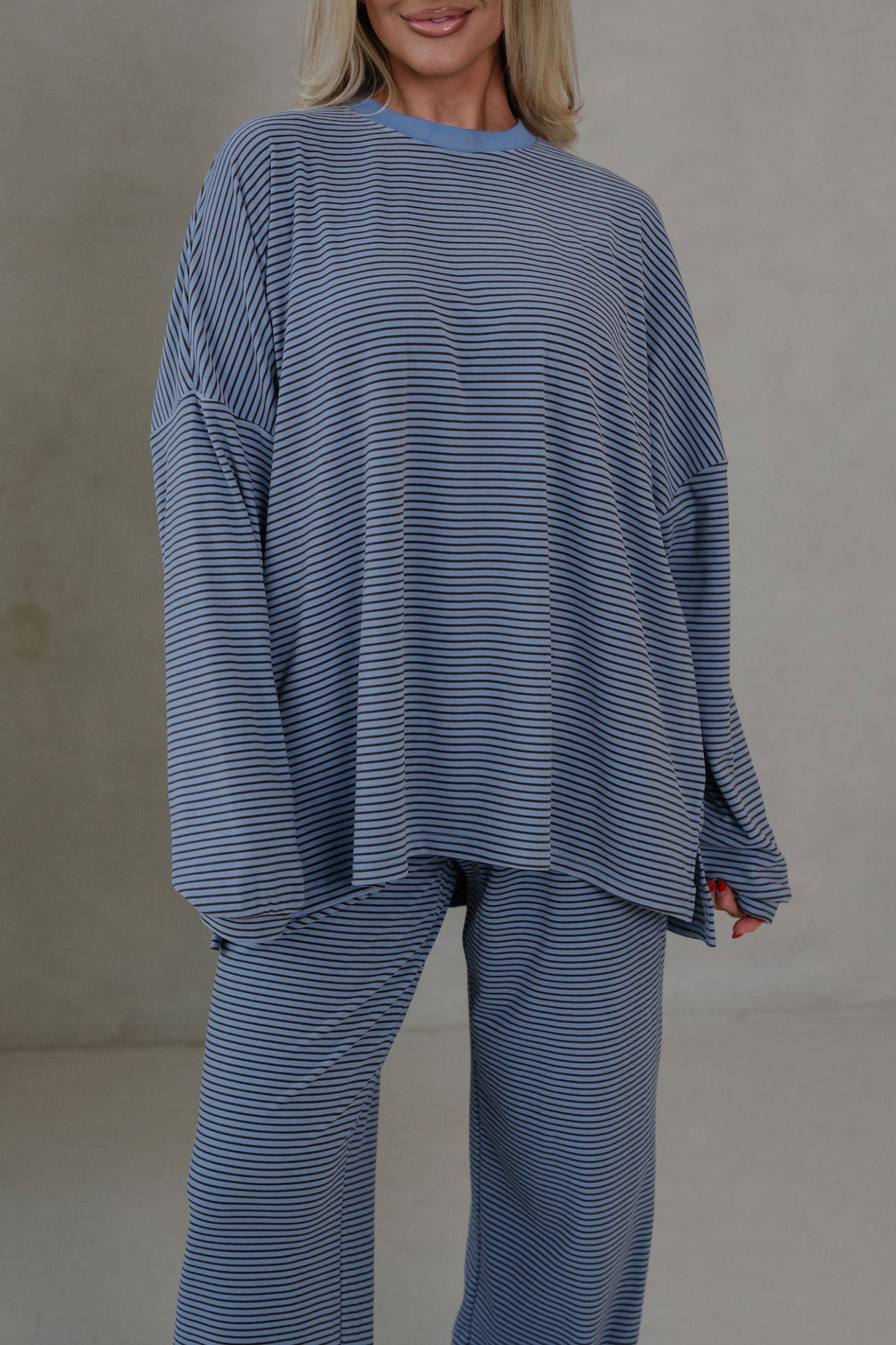 Contrast Oversize Long Sleeve Top 2pcs Pant Set