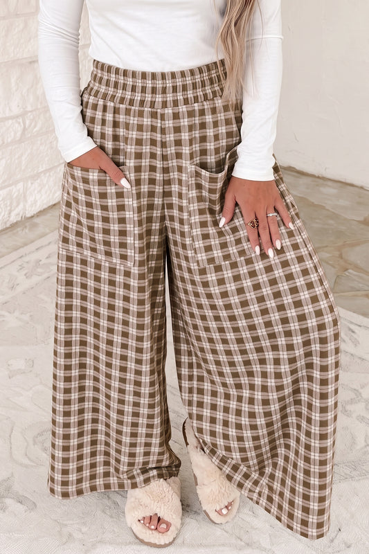 Neutral Plaid Wide Leg Pants
