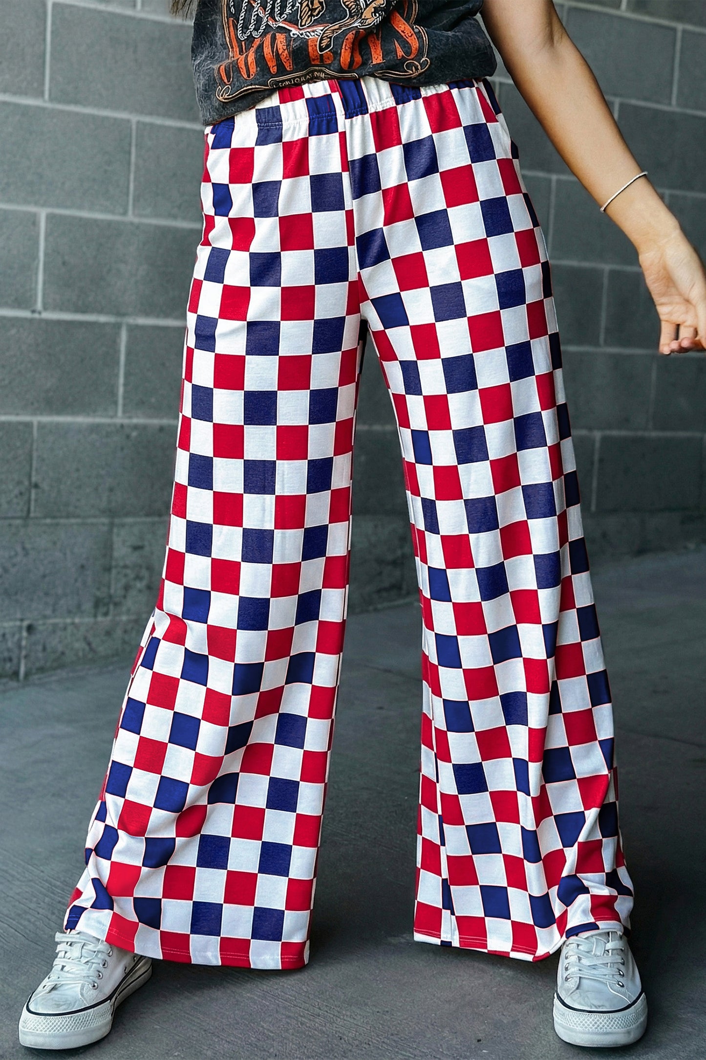 Checked Print High Waist Wide Leg Pants