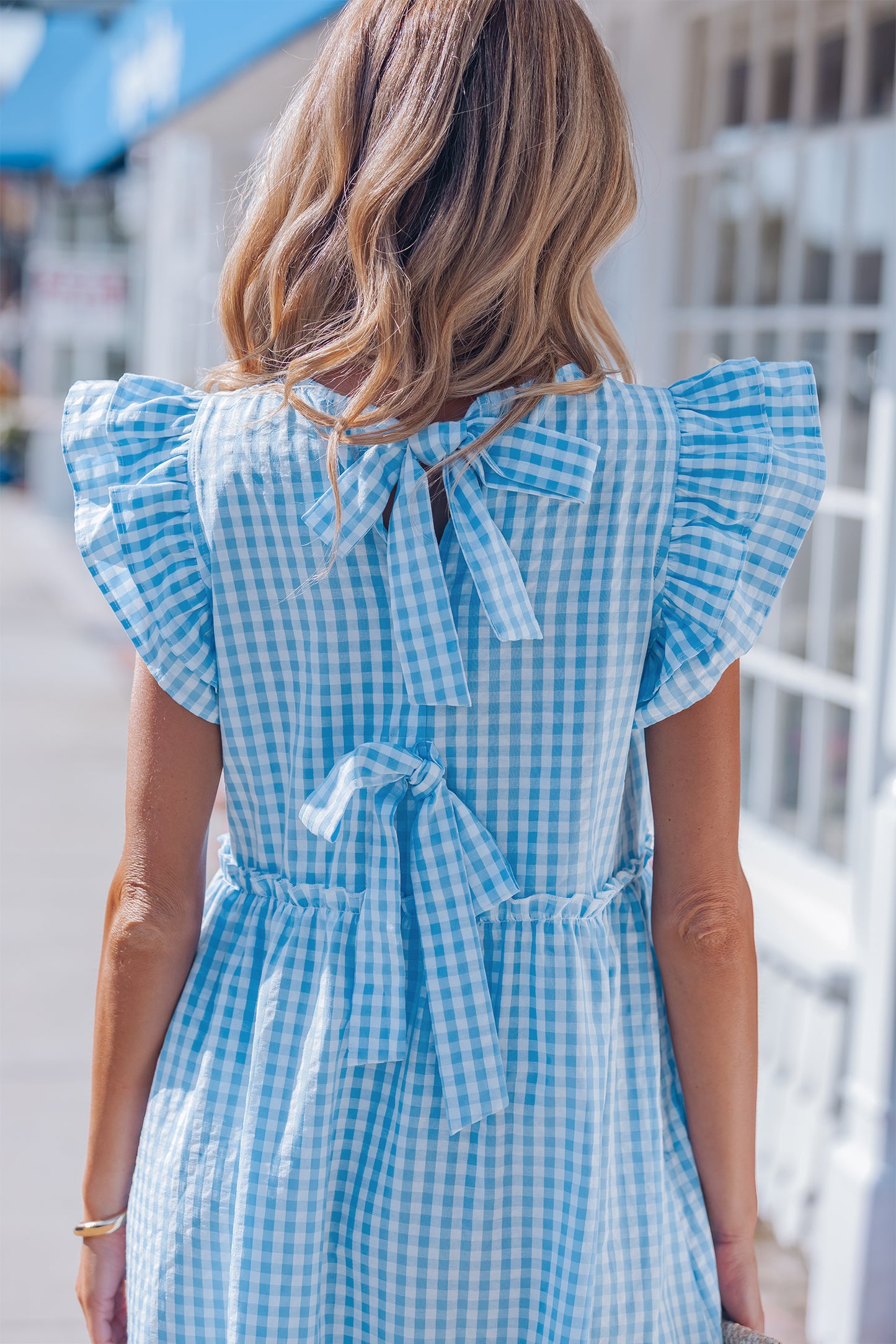 Sky Blue Short Sleeve Gingham Maxi Dress