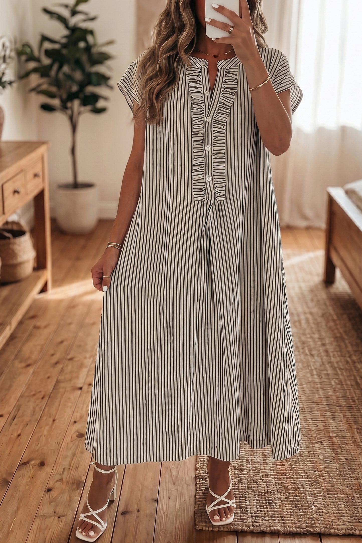 Stripe Frilled Short Sleeve Maxi Dress