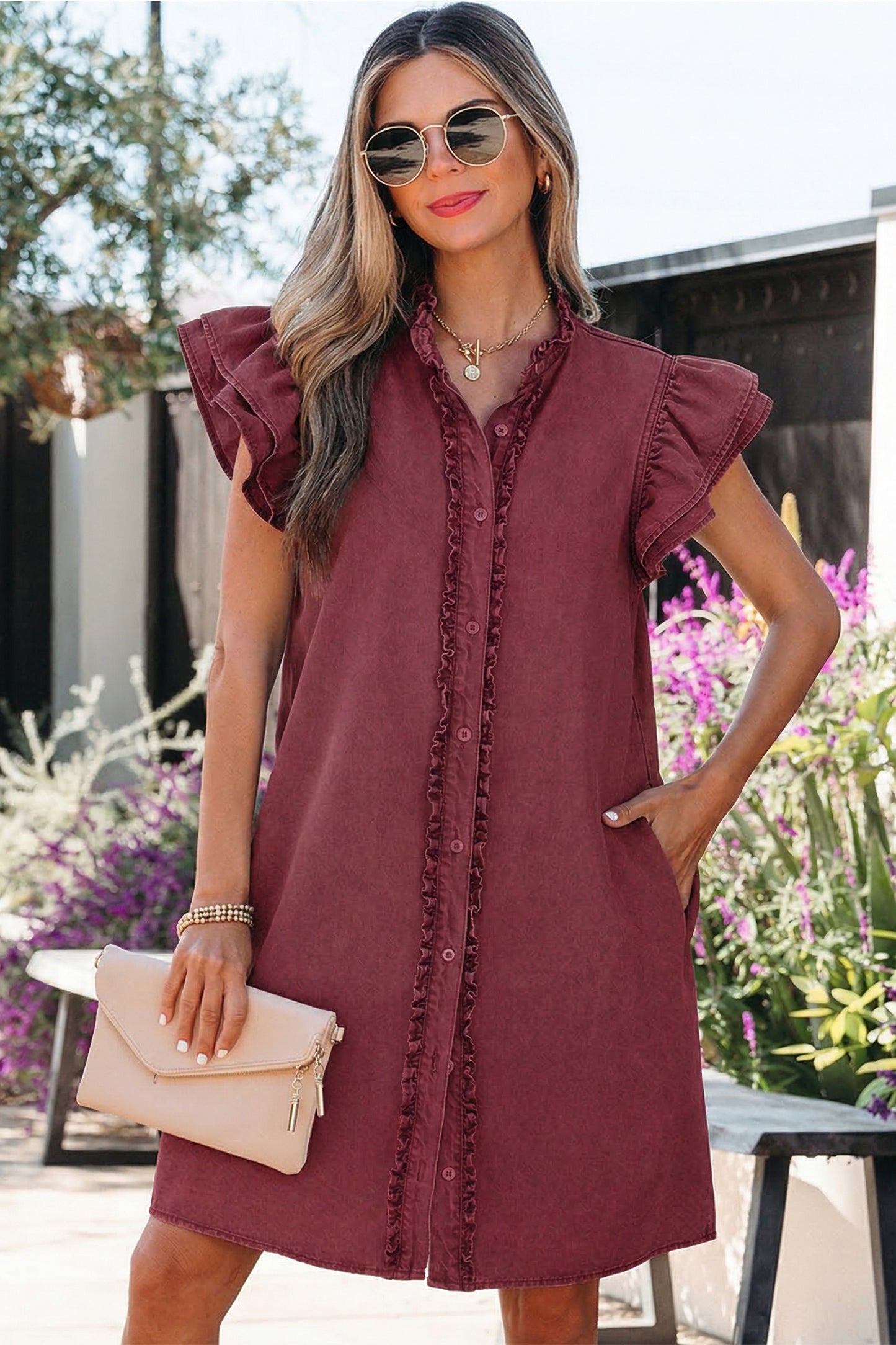 Frilled Detail Button Down Ruffle Short Sleeve Denim Mini Dress