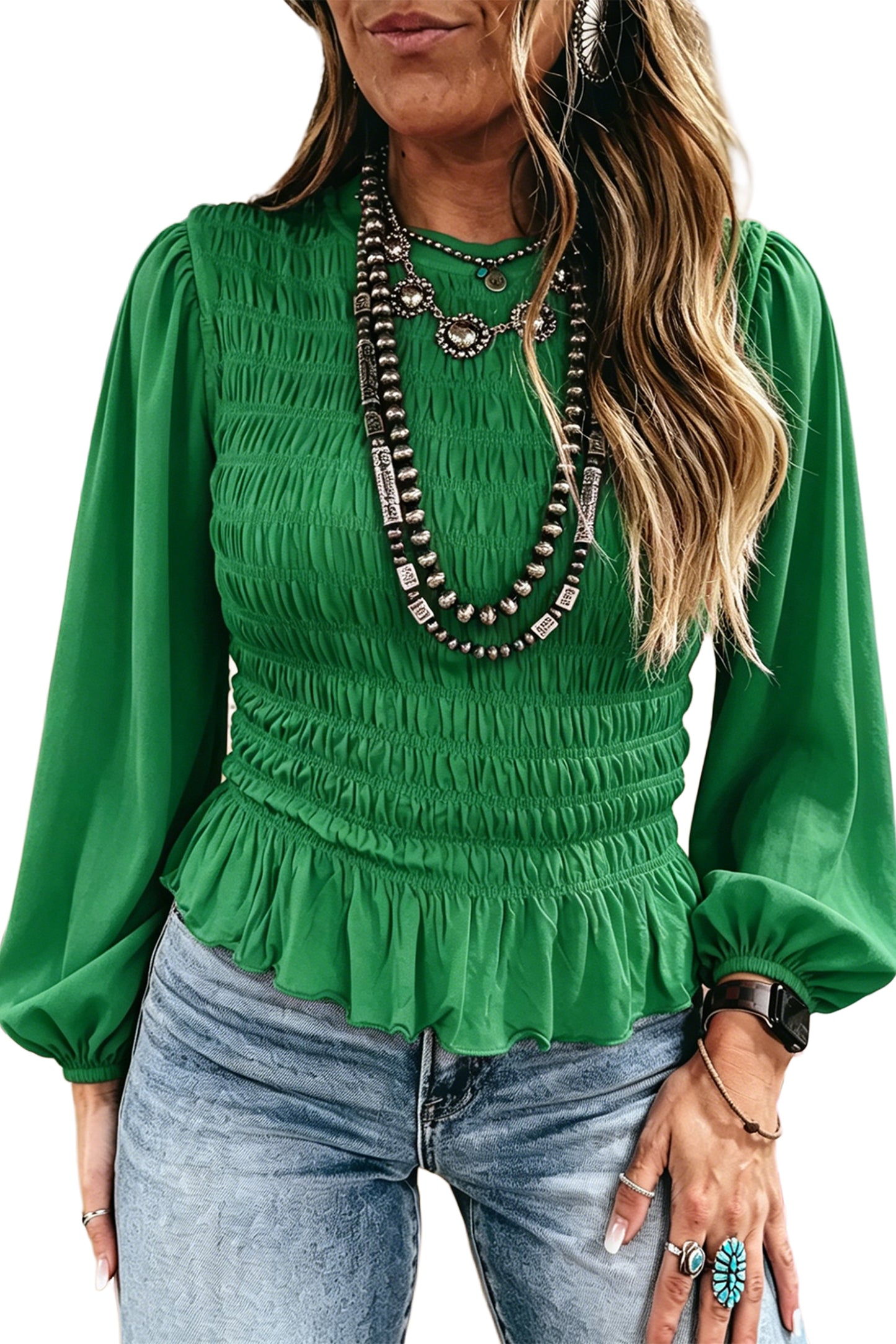 Smocked Ruffle Hem Long Sleeve Blouse