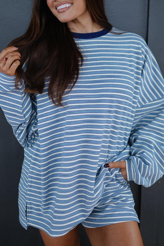 Stripe Long Sleeve Oversized Top & Shorts Set
