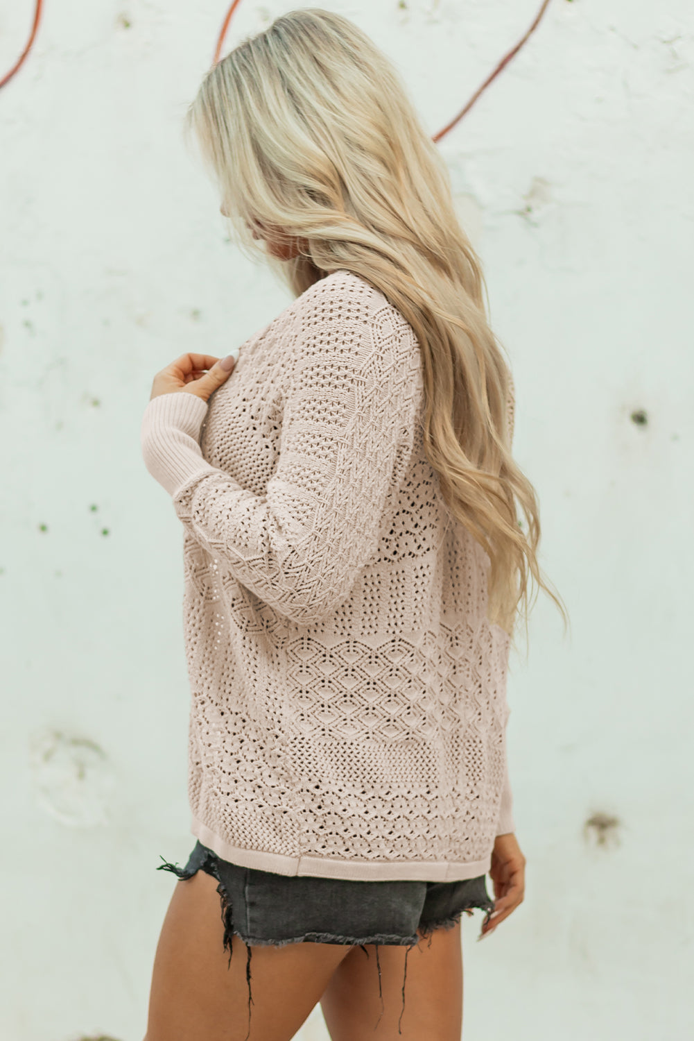 Lapis Mix Pattern Hollowed Knit Open Front Cardigan