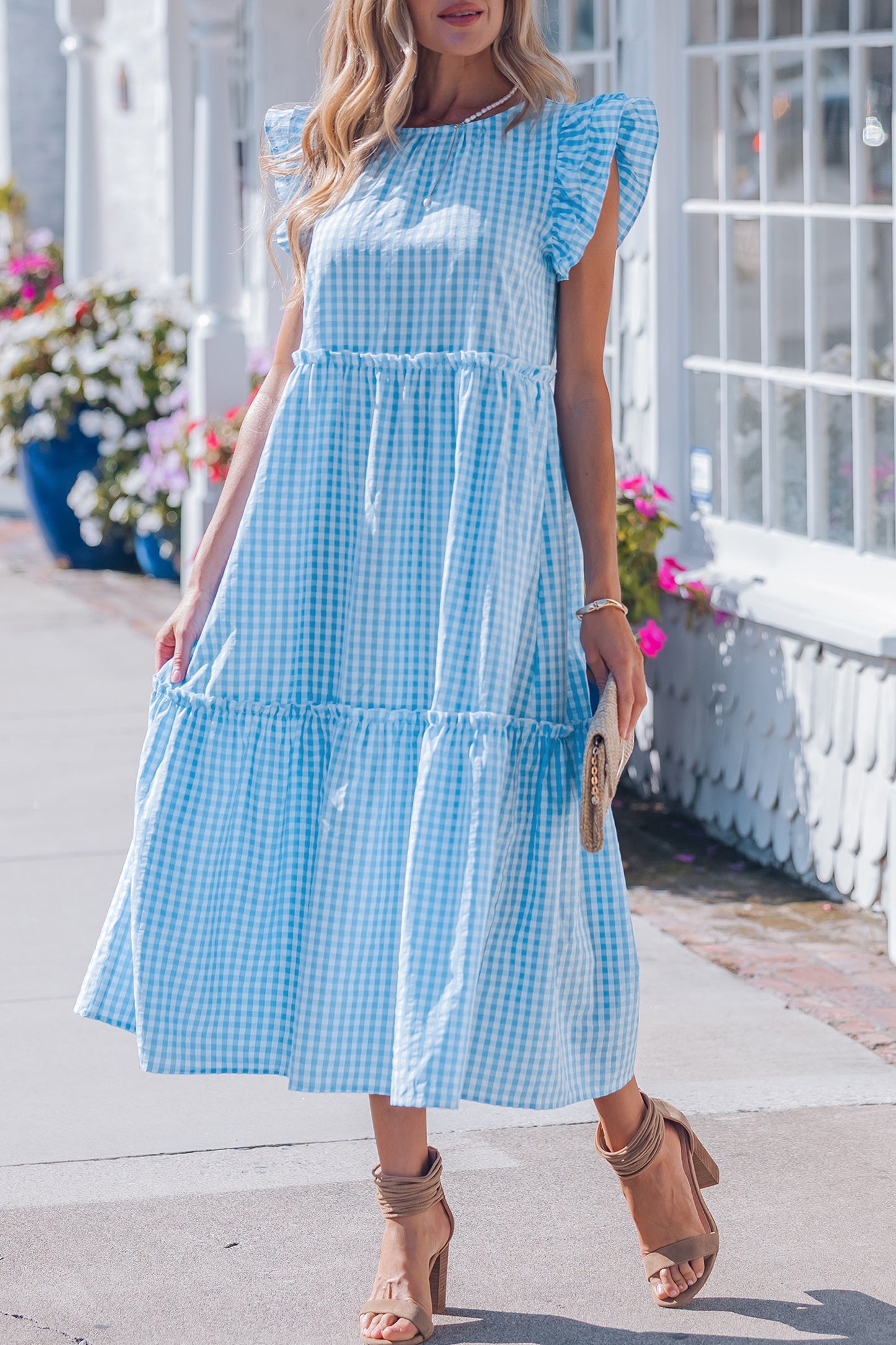 Sky Blue Short Sleeve Gingham Maxi Dress