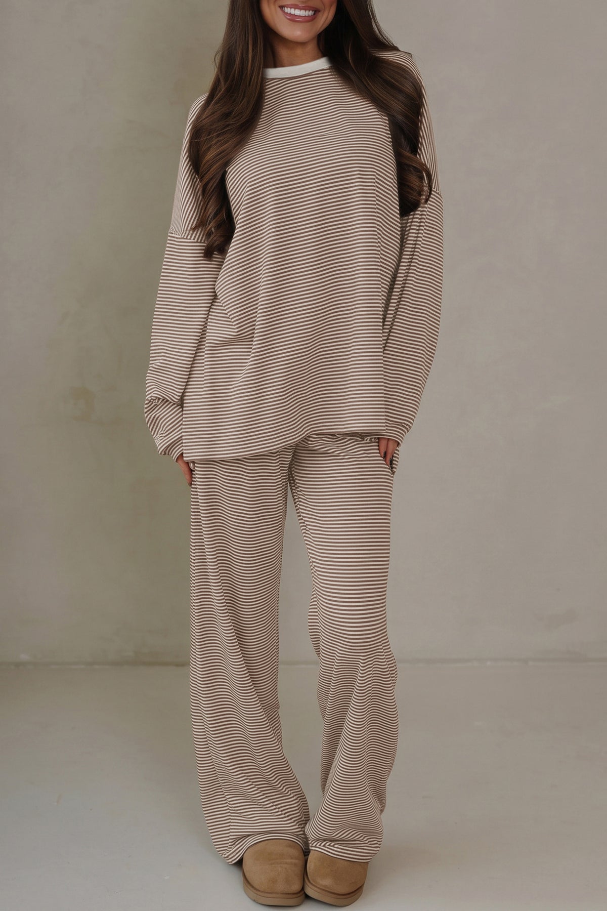 Contrast Oversize Long Sleeve Top 2pcs Pant Set