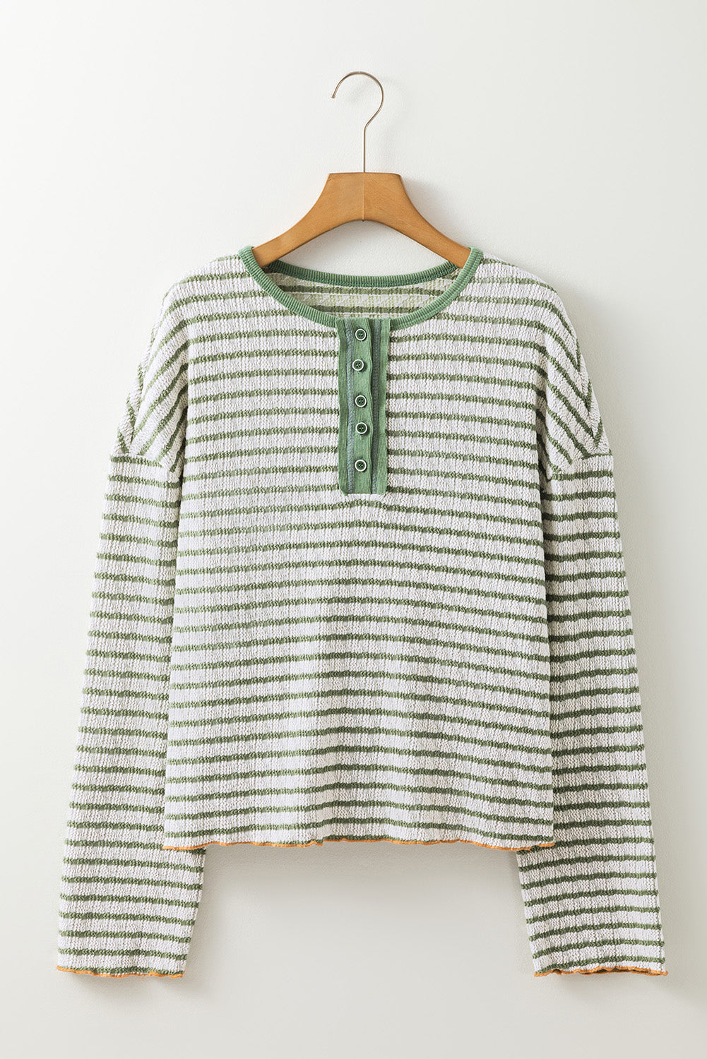 Textured Frilly Trim Buttons Henley Long Sleeve Top