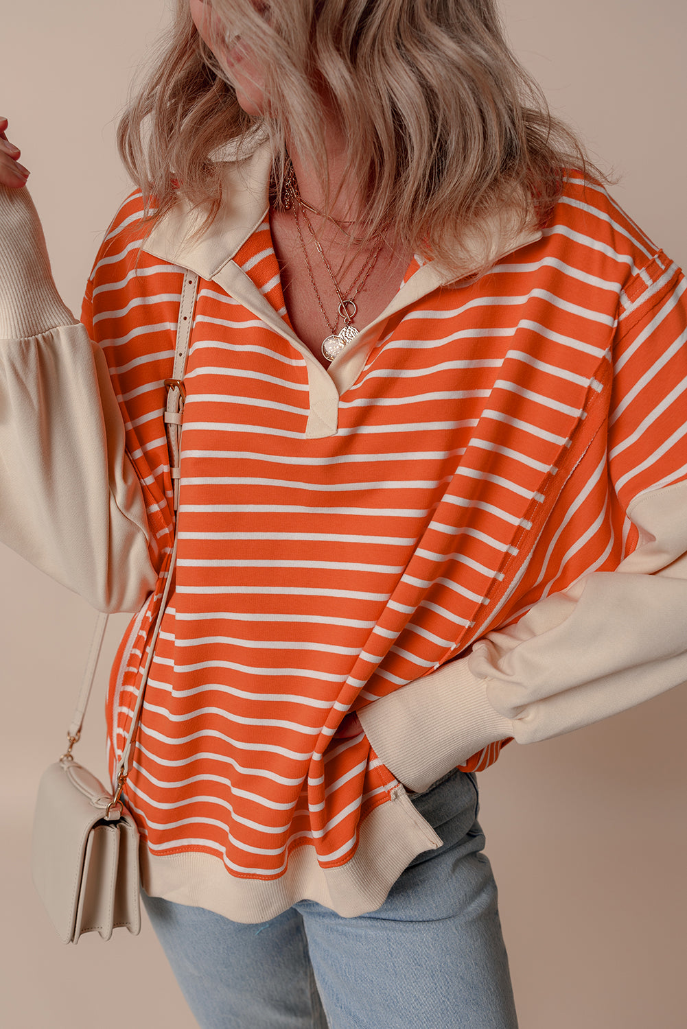Orange Stripe Color Block Loose Fit Sweatshirt