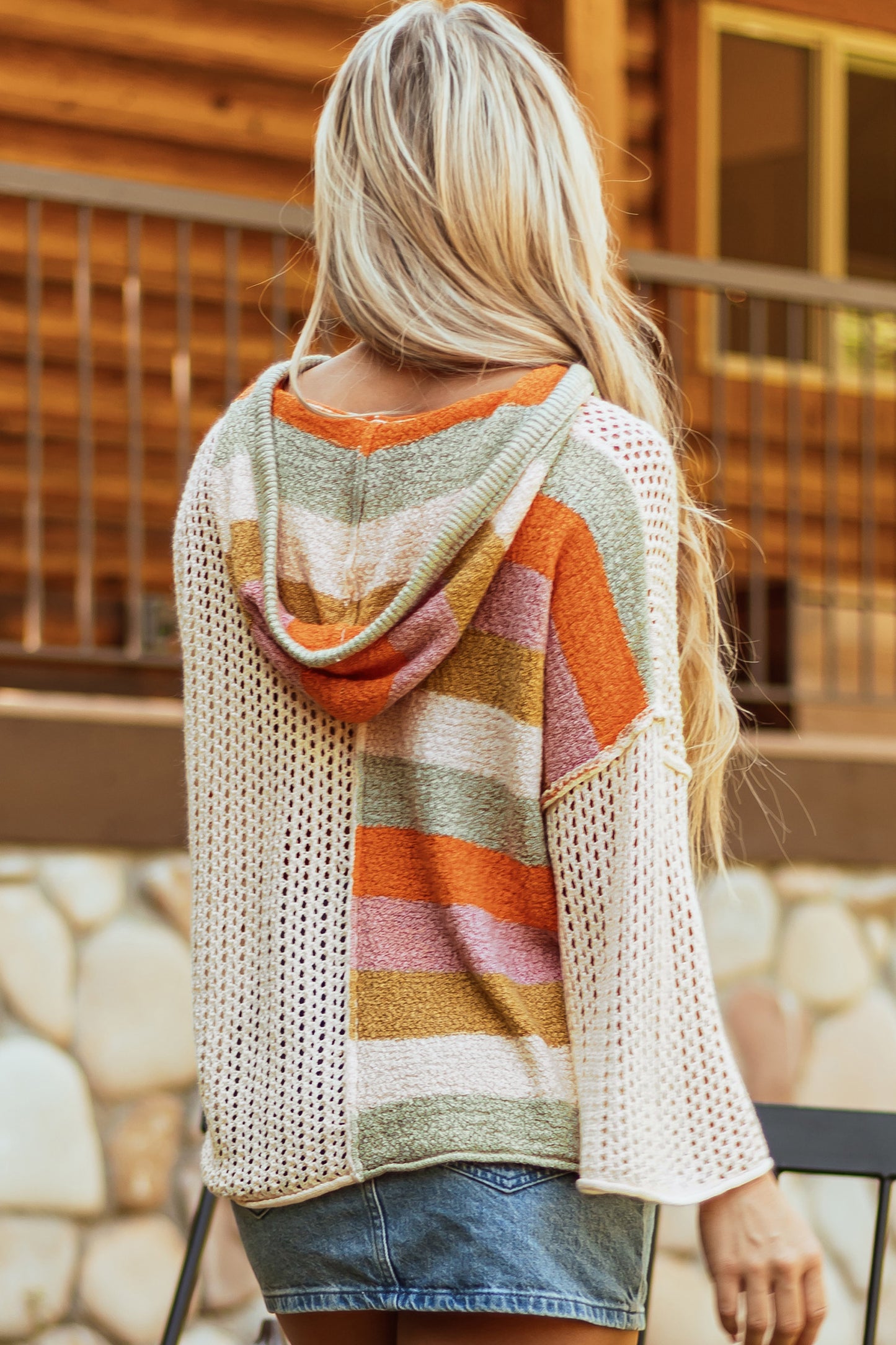 Oversized Colorblock V Neck Hooded Sweater