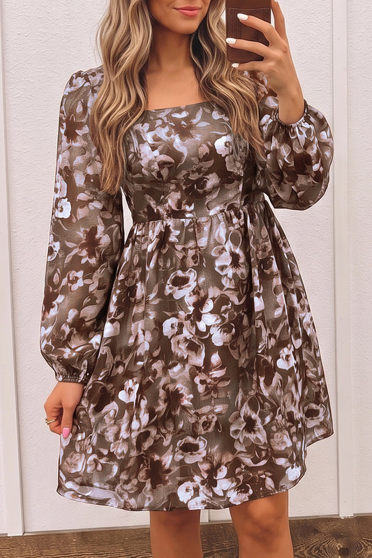 Brown Floral Print Mini Shift Dress