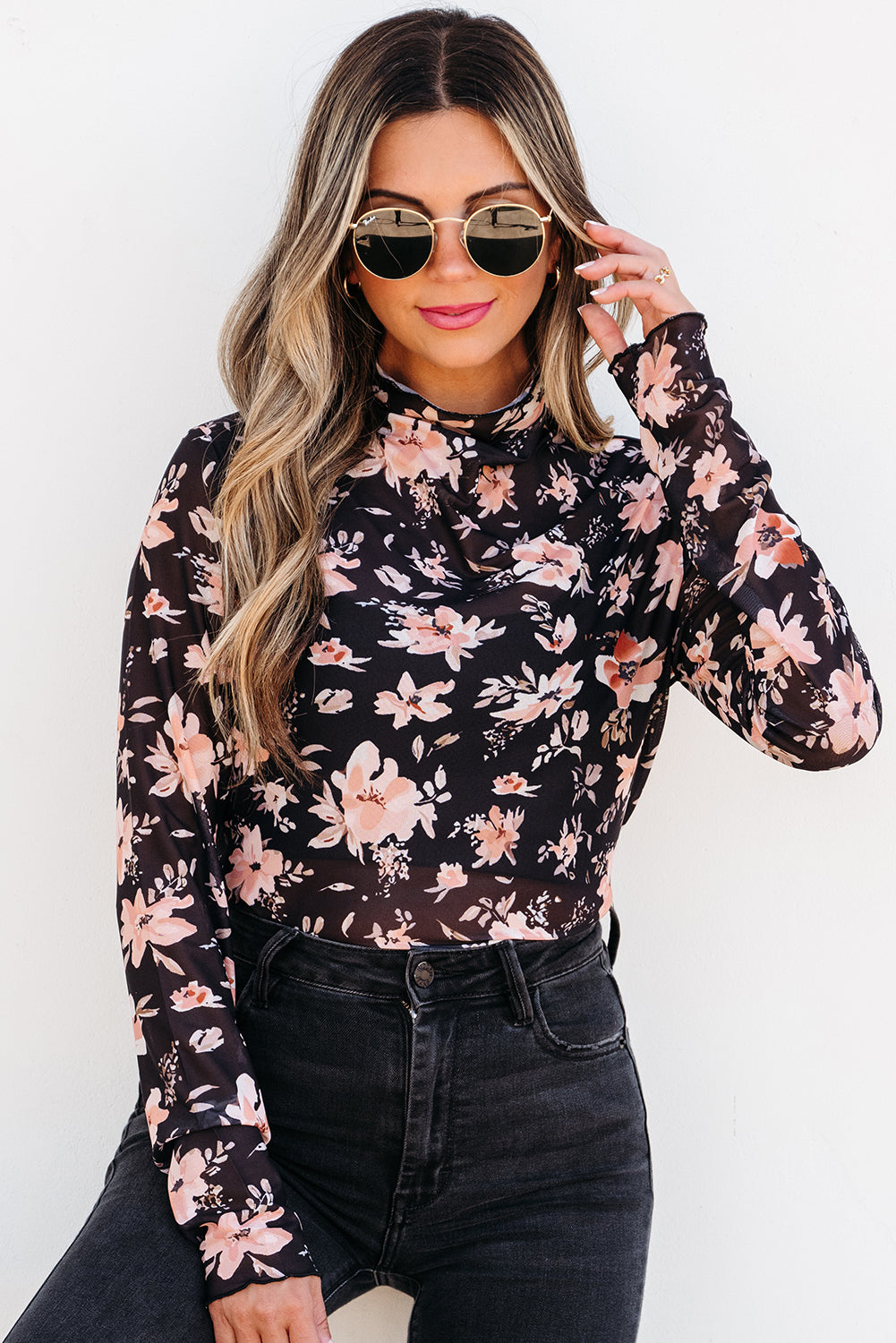 Black Floral Mesh Mock Neck Long Sleeve