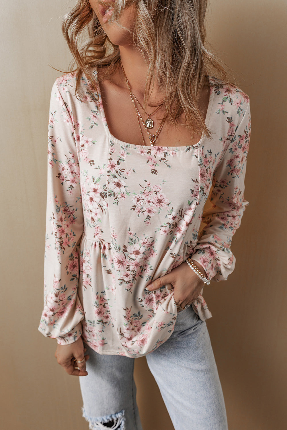Floral Print Pleated Loose Fit Blouse