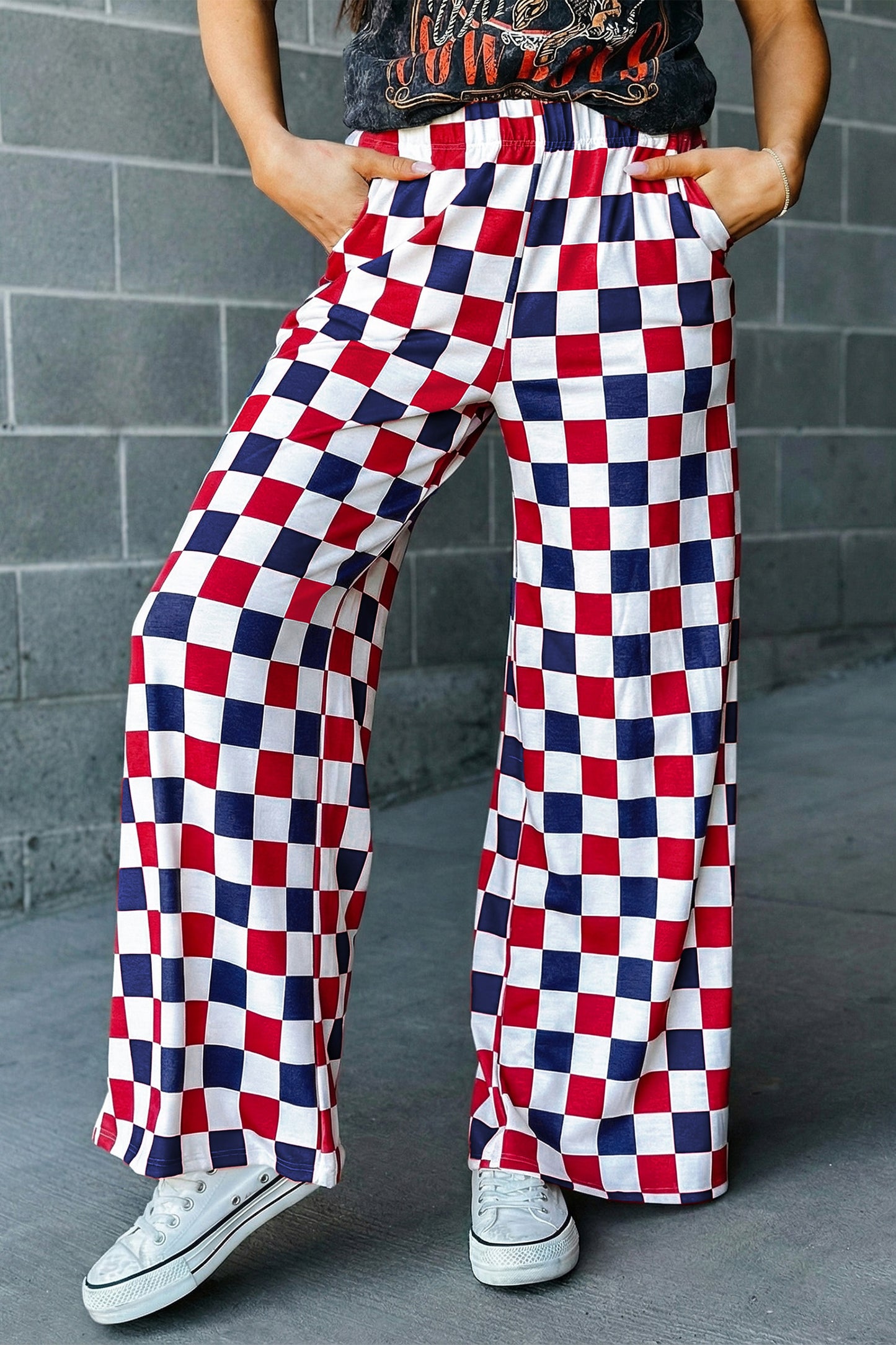 Checked Print High Waist Wide Leg Pants