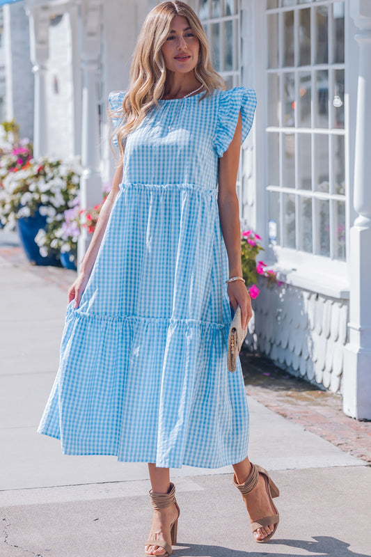 Sky Blue Short Sleeve Gingham Maxi Dress