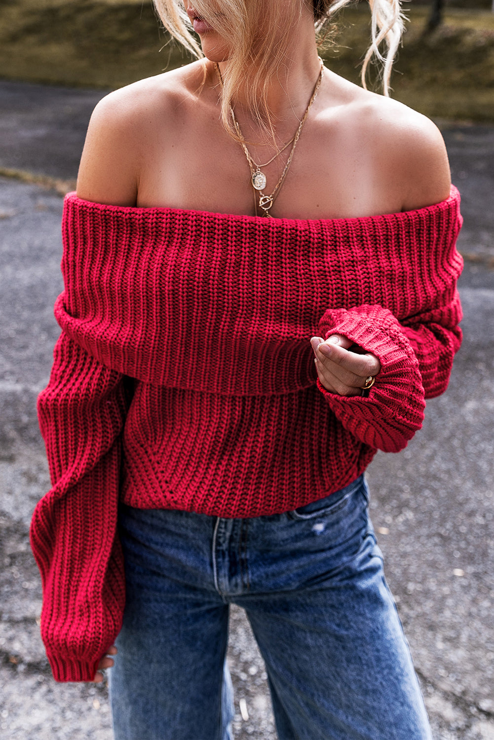 Red Off-the-shoulder Sweater