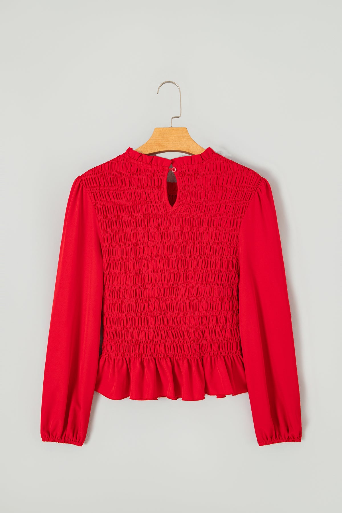Smocked Ruffle Hem Long Sleeve Blouse