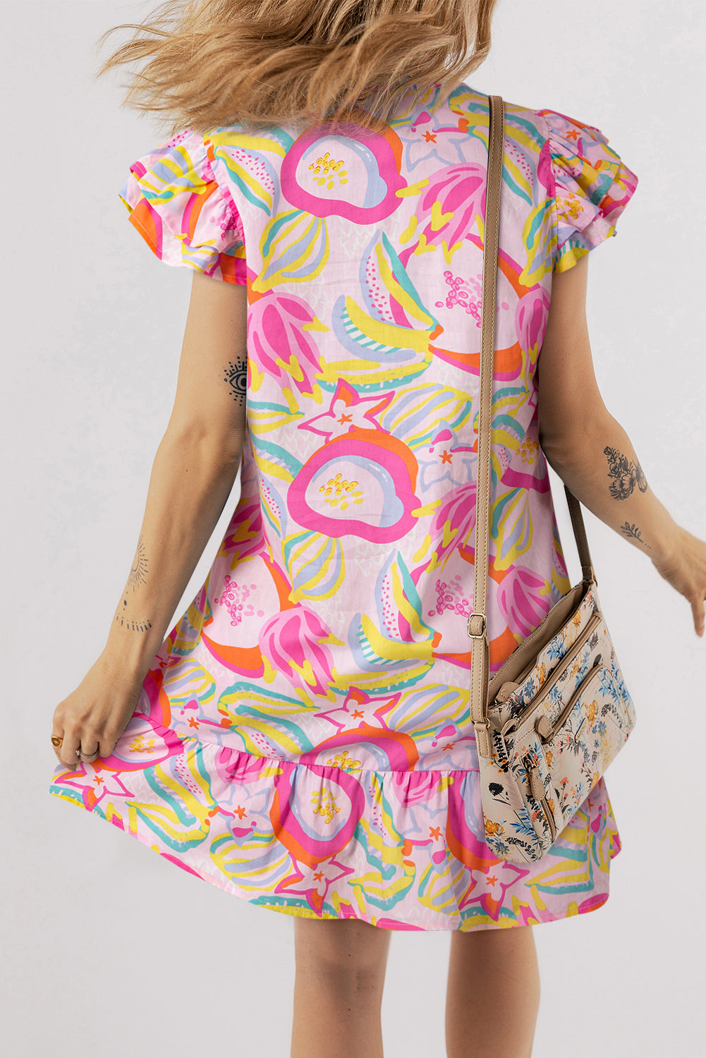Abstract Floral Ruffle Trim Flutter Sleeve Buttoned Dress