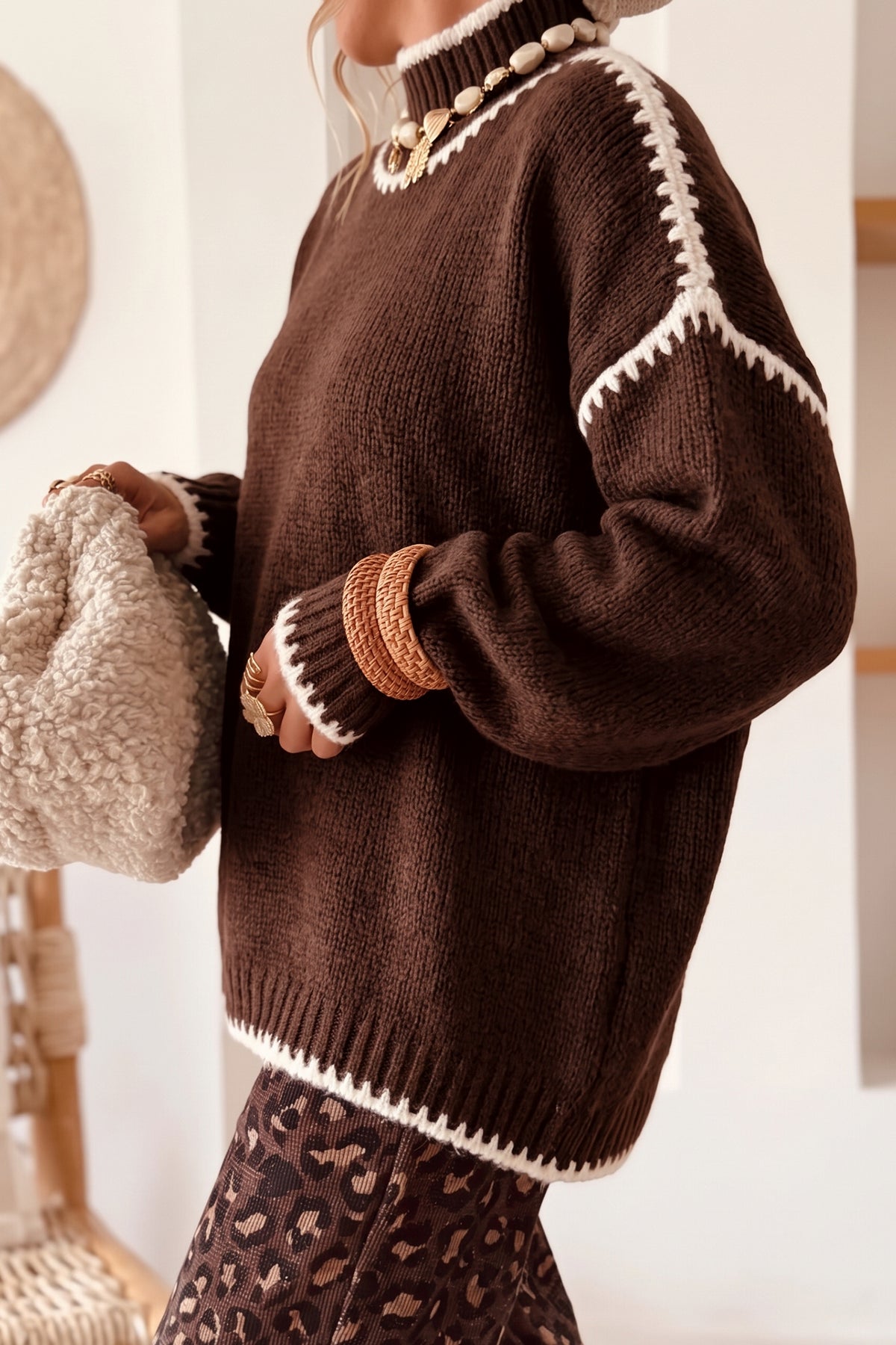 Contrast Trim Mock Neck Sweater