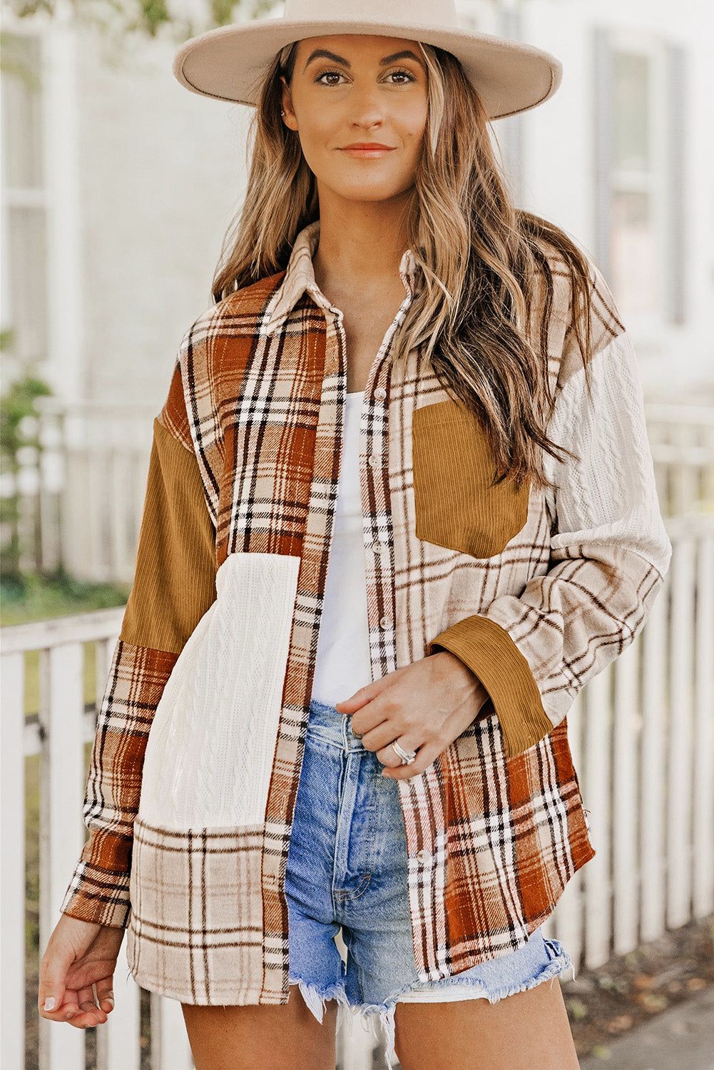 Orange Plaid Color Block Patchwork Shirt