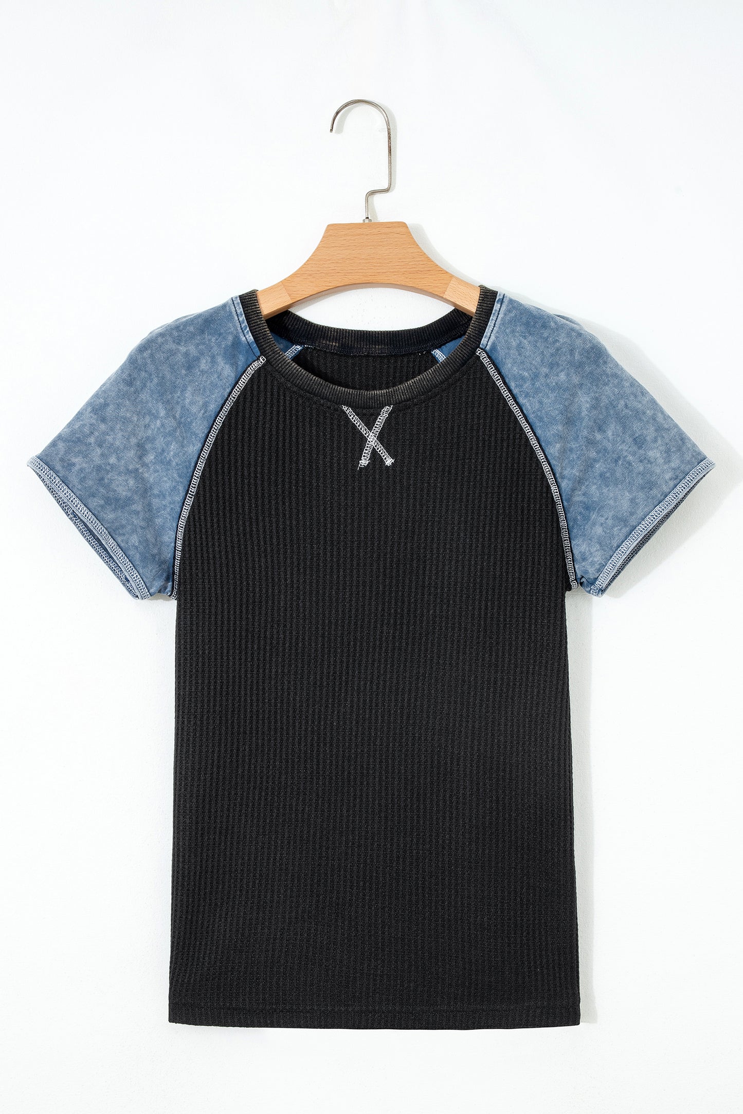 Waffle Knit Seam Detail Color Block Patchwork Short Sleeve Top