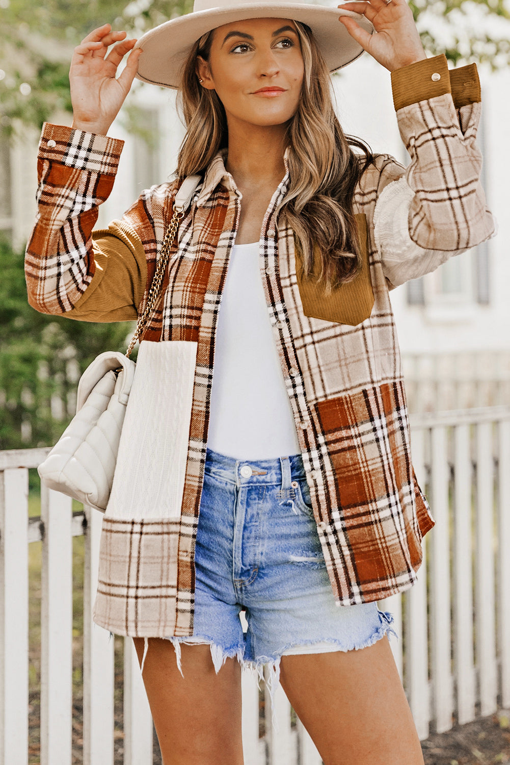 Orange Plaid Color Block Patchwork Shirt