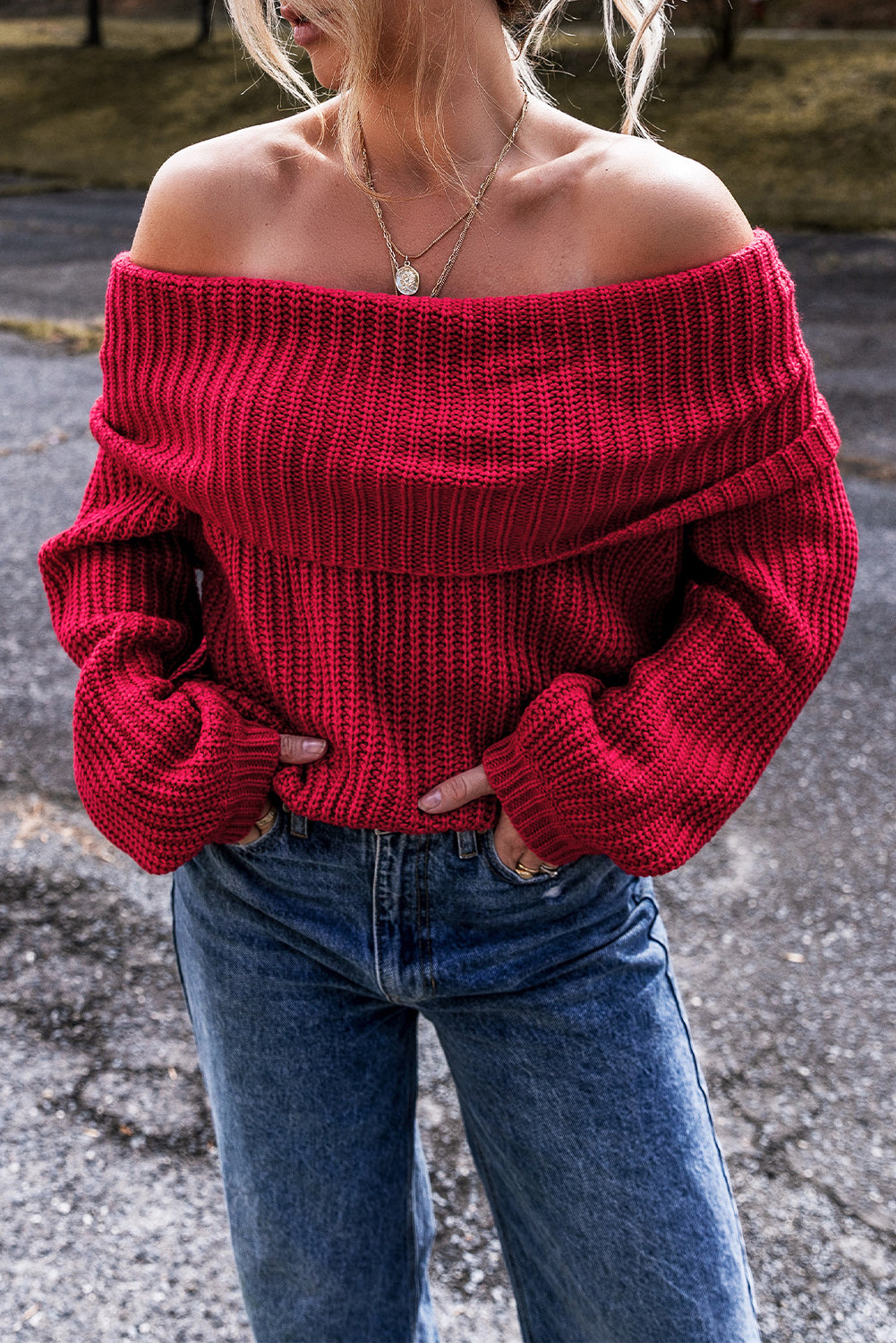 Red Off-the-shoulder Sweater