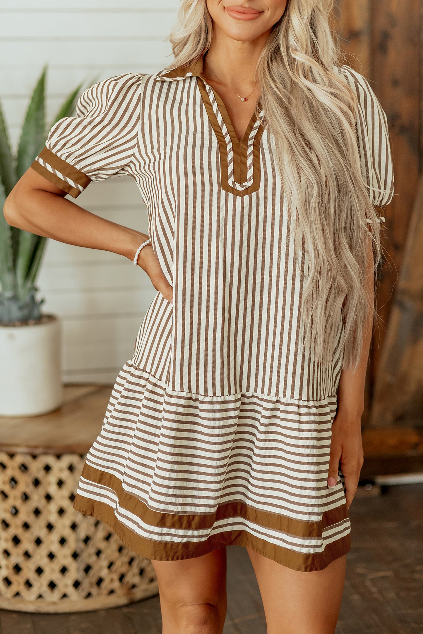 Brown Stripe Shirt Collar Short Dress